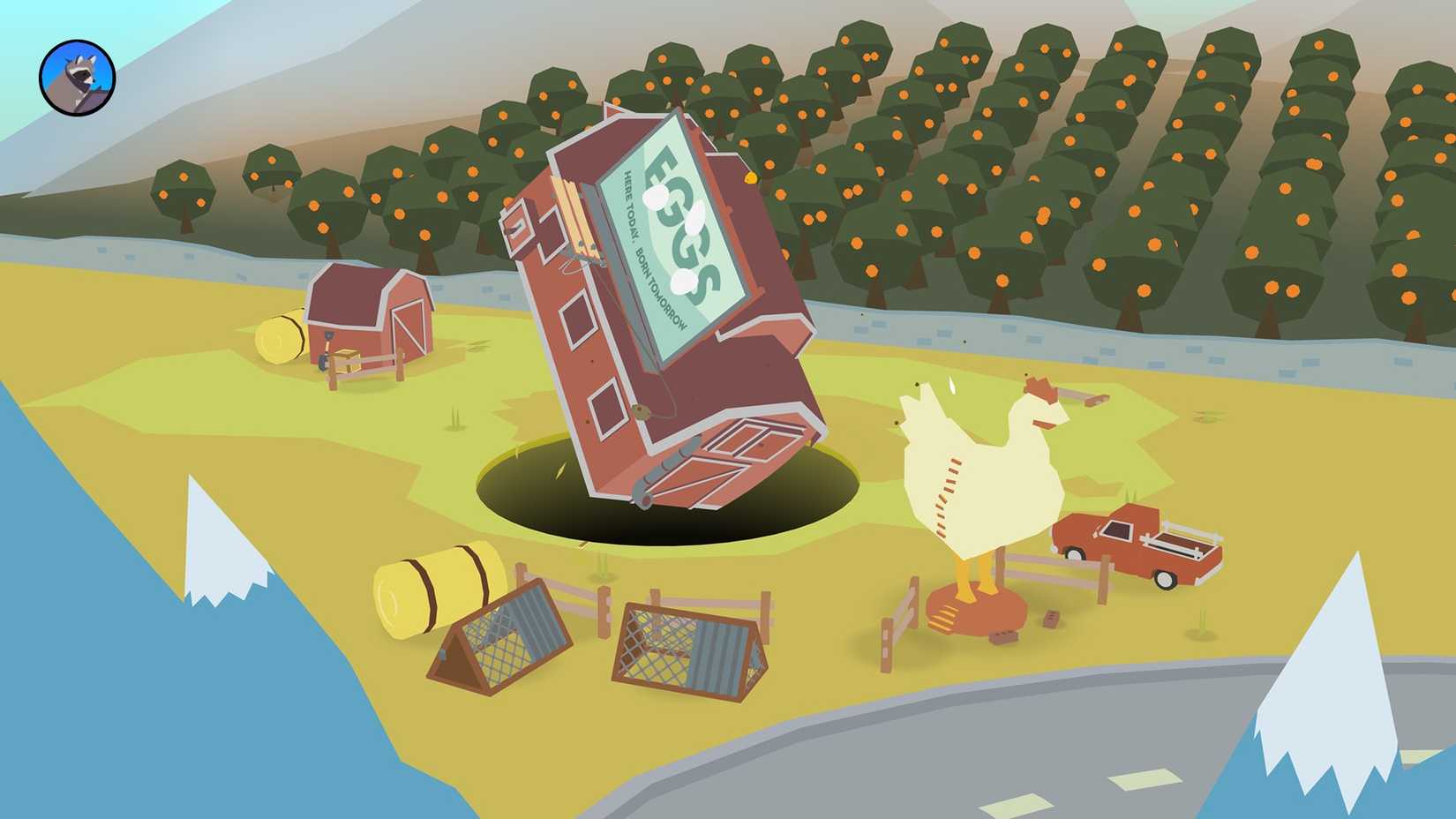 A barn that fell down a hole in Donut County.