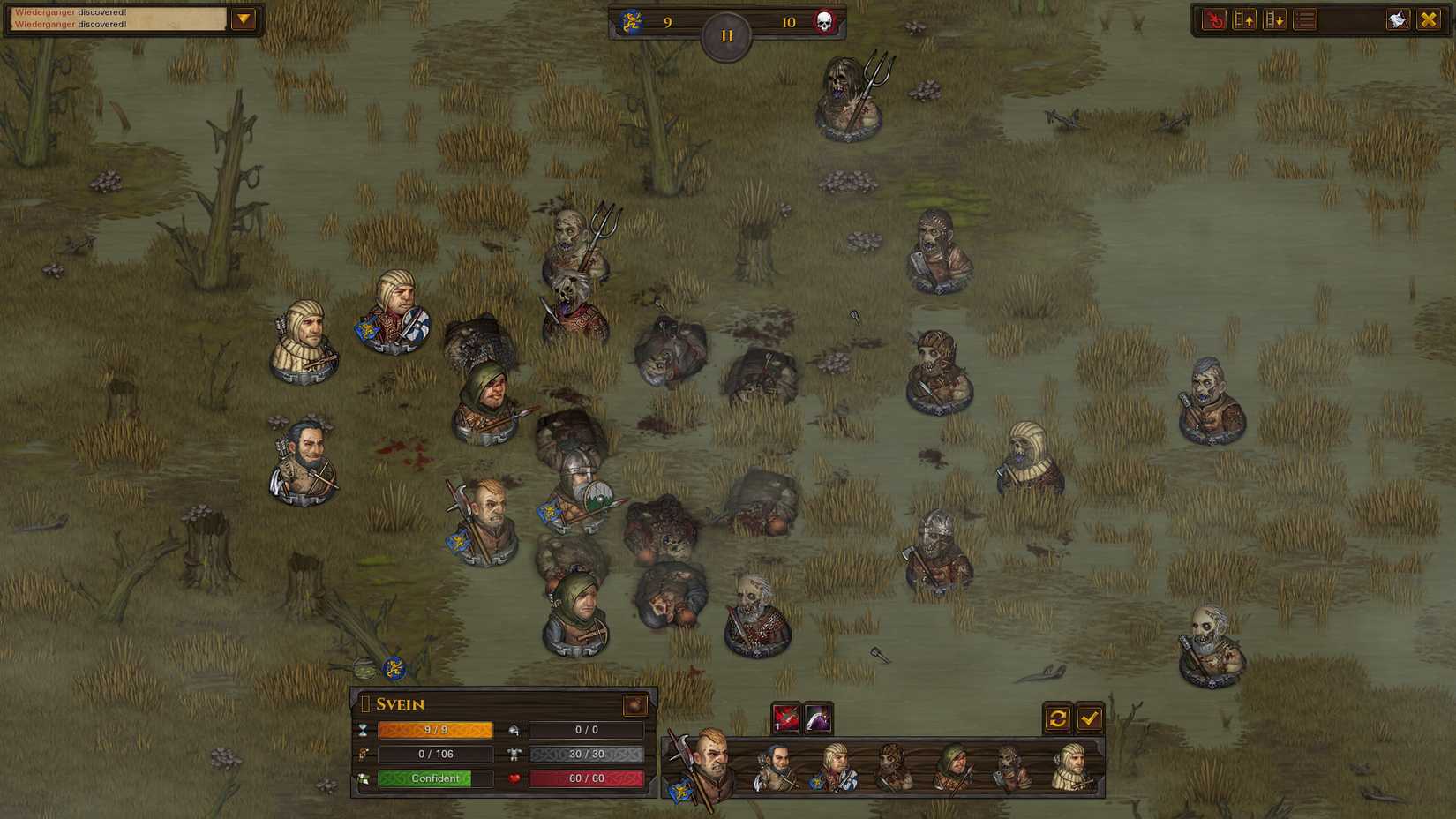 A battle among a bunch of characters in Battle Brothers.