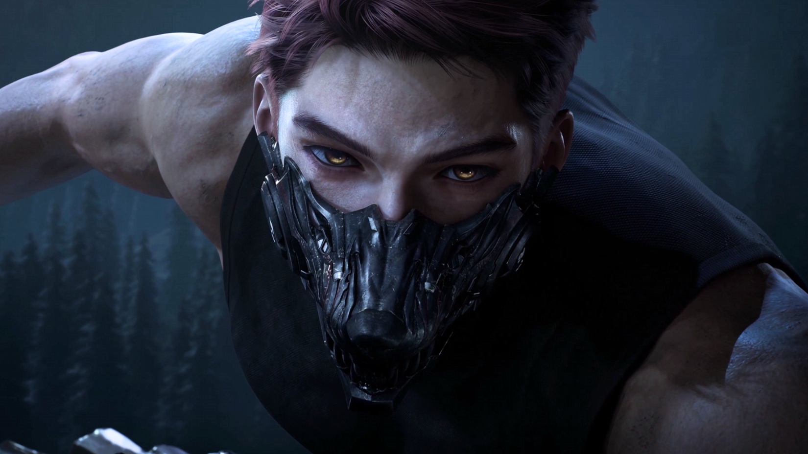 Close-up of Valko in love and deepspace, wearing a face mask in the shape of a wolf's jaws.