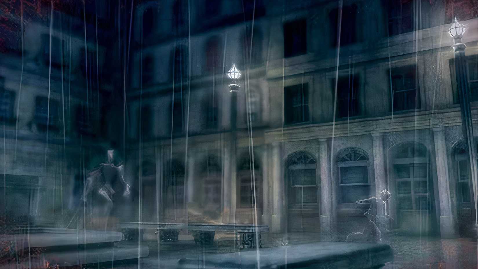 Gloomy streets of Paris in the rain.