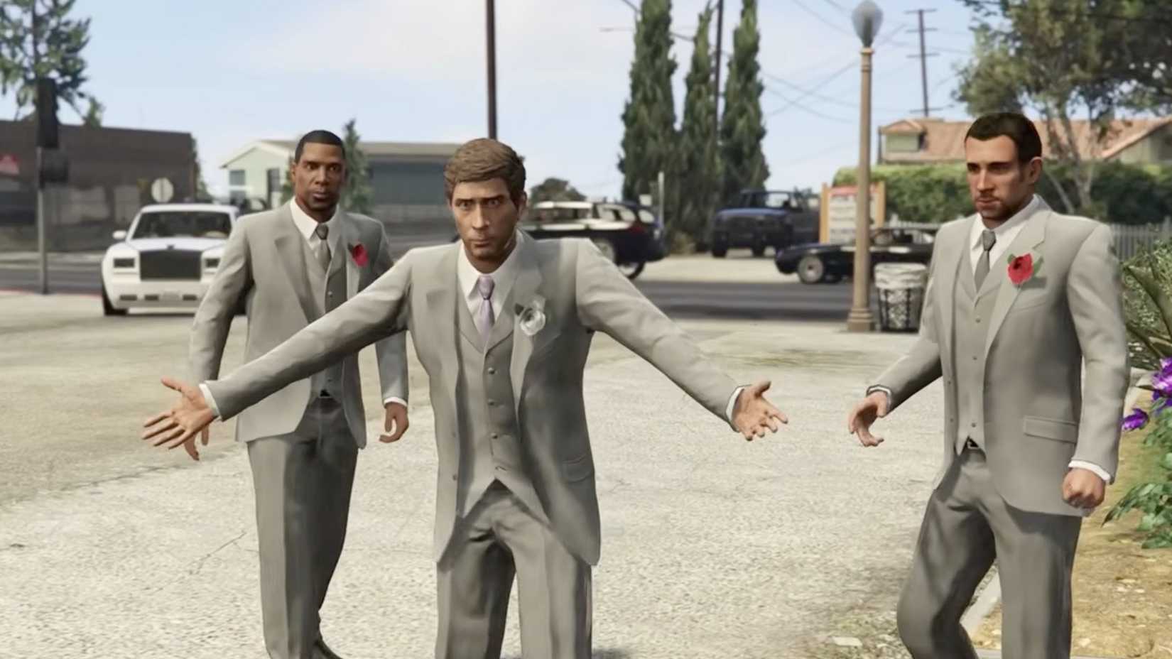 A group of bros turning up to a wedding in Grand Theft Auto 5.