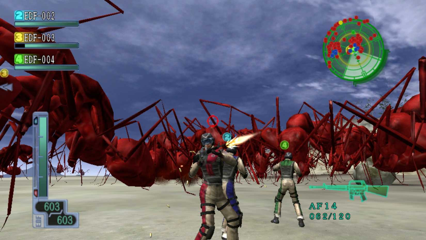 A group of players fighting a bunch of ants in Earth Defense Force 2017 Portable.