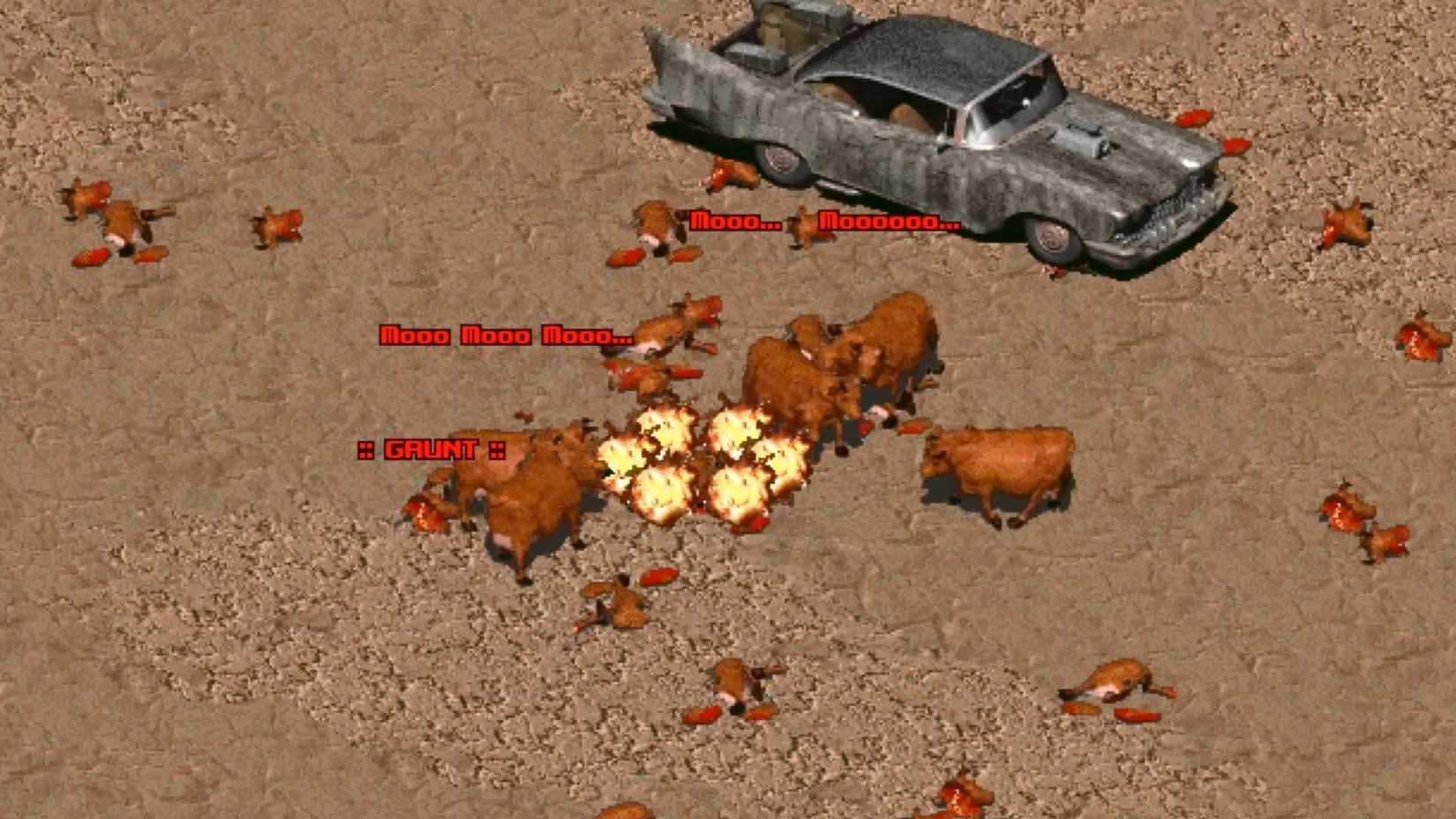 A herd of Brahmins exploding in Fallout 2.