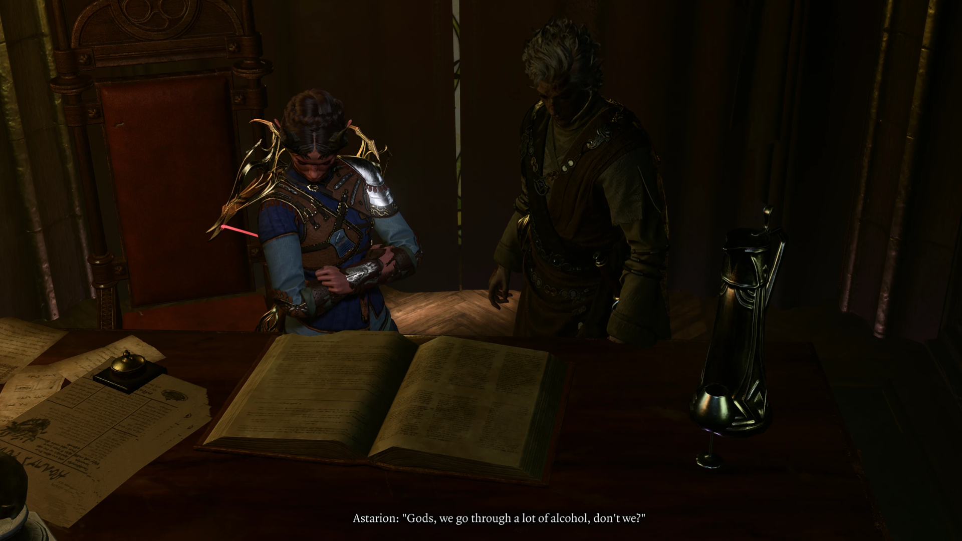 A screenshot from the A Dream of Silence custom campaign for Baldur's Gate 3, showing Astarion and the player looking through a ledger. Astarion says Gods, we go through a lot of alcohol, don't we