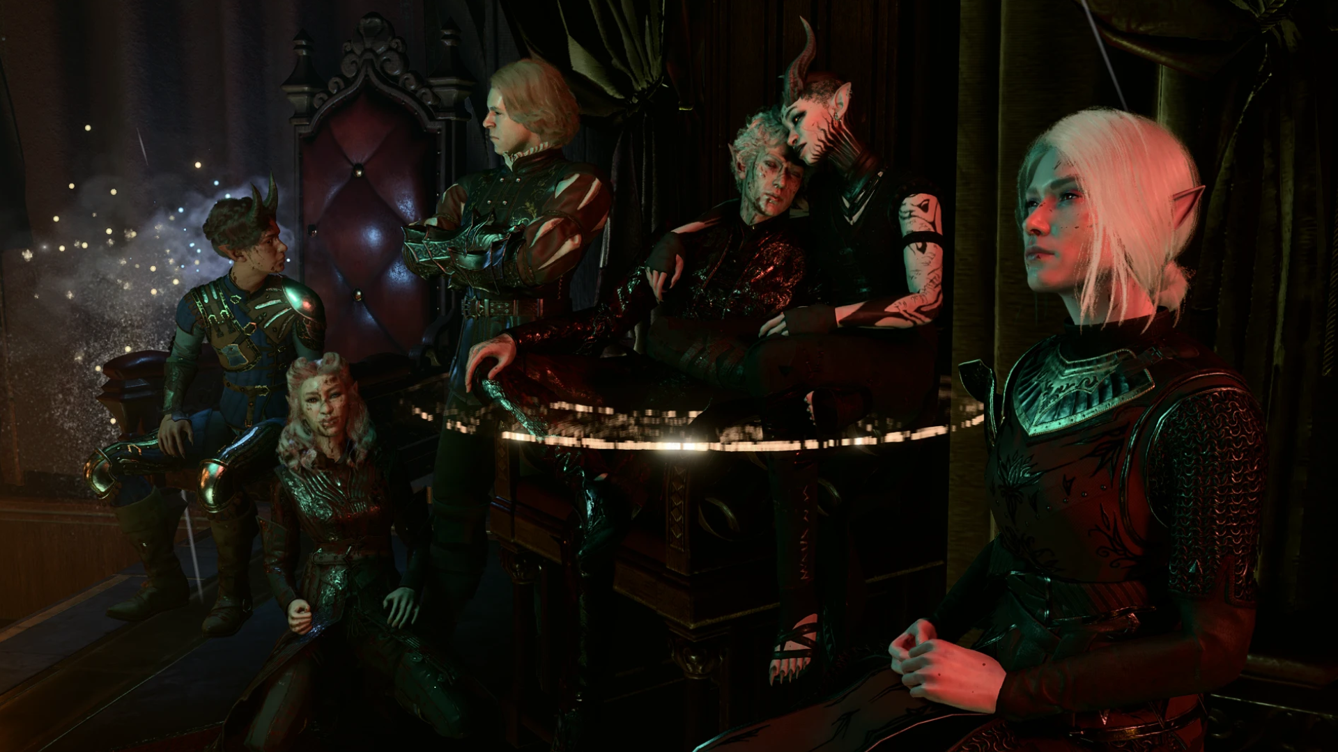 A screenshot from the A Dream of Silence custom campaign for Baldur's Gate 3, showing Astarion on a throne, surrounded by vampire spawn.