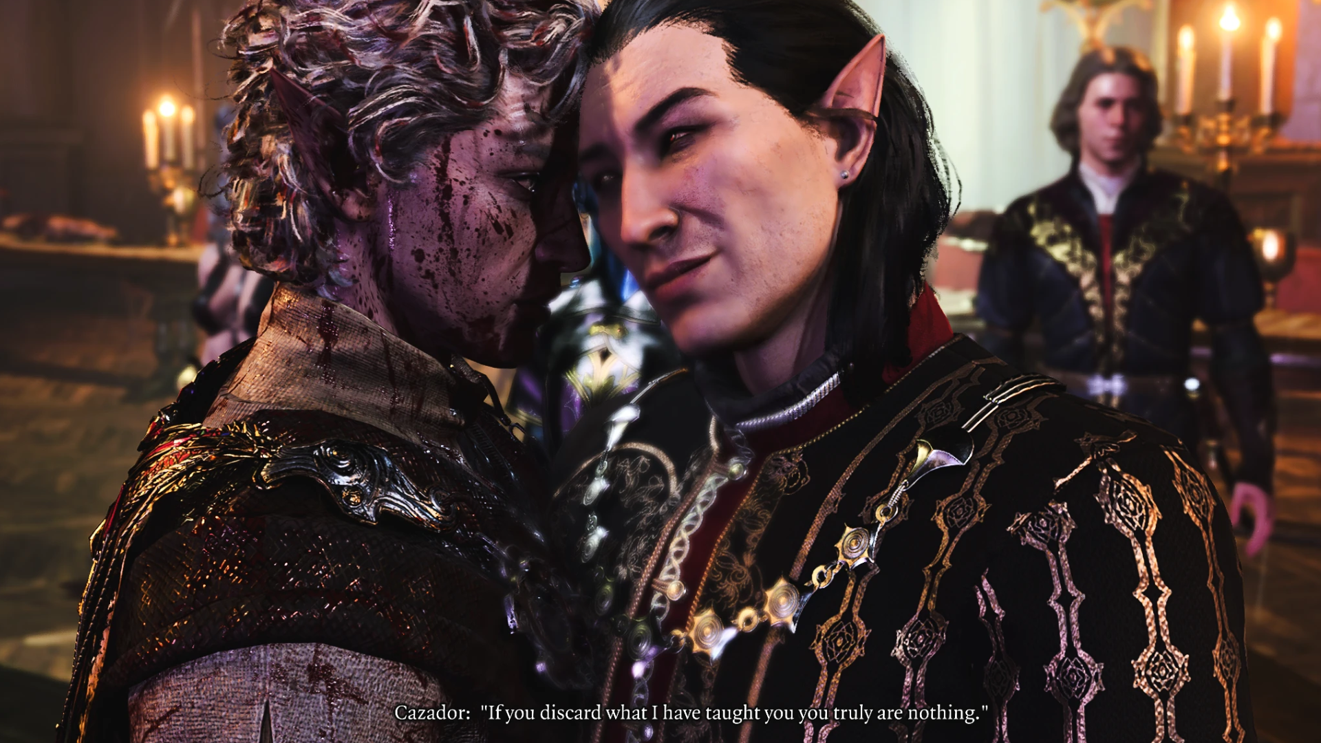A screenshot from the A Dream of Silence custom campaign for Baldur's Gate 3, showing Cazador standing close to Astarion, resting his head on his. Cazador says If you discard what I have taught yo