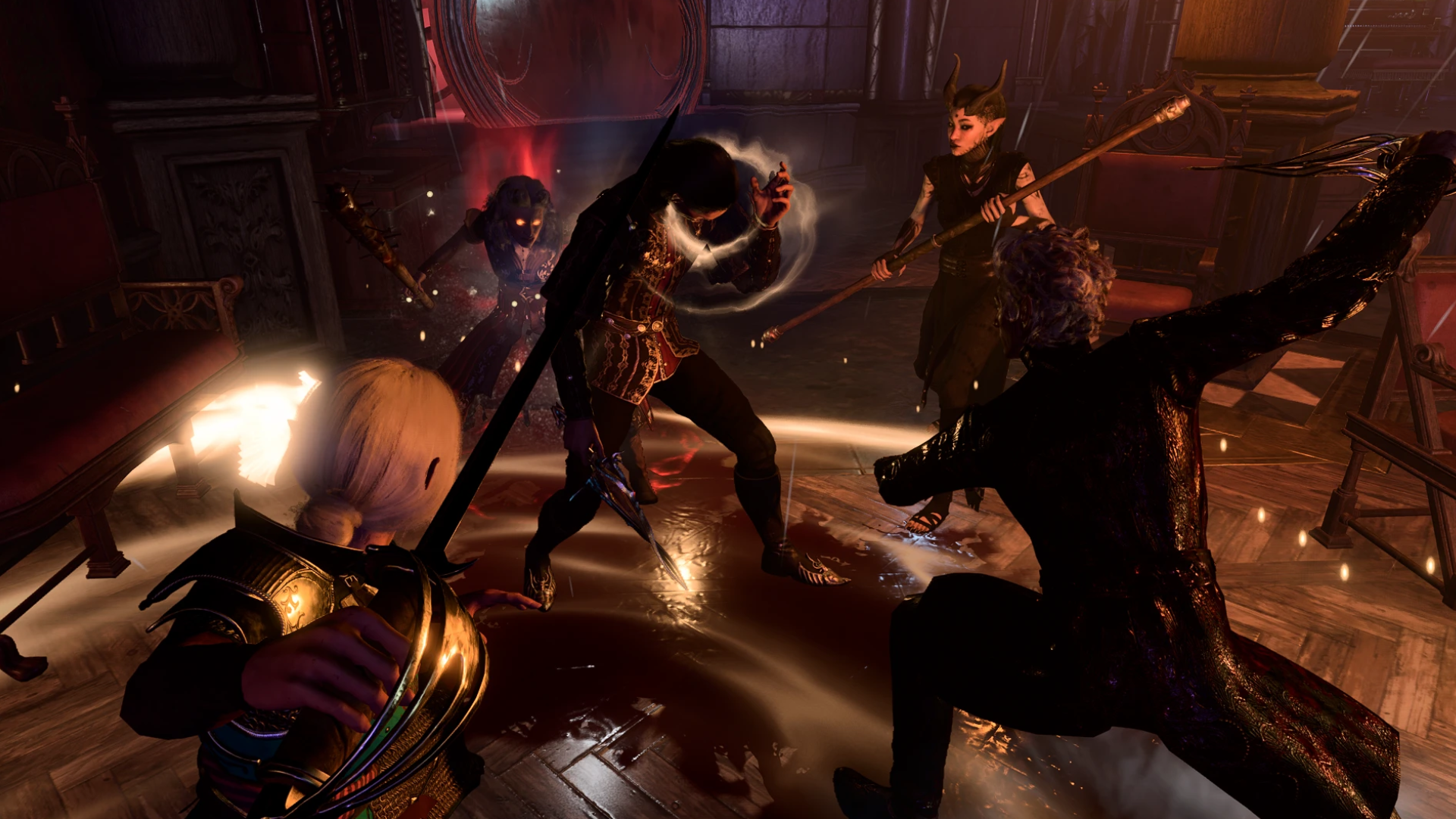 A screenshot from the A Dream of Silence custom campaign for Baldur's Gate 3, showing multiple characters surround an enemy who is dazed. Everyone has their weapons drawn.
