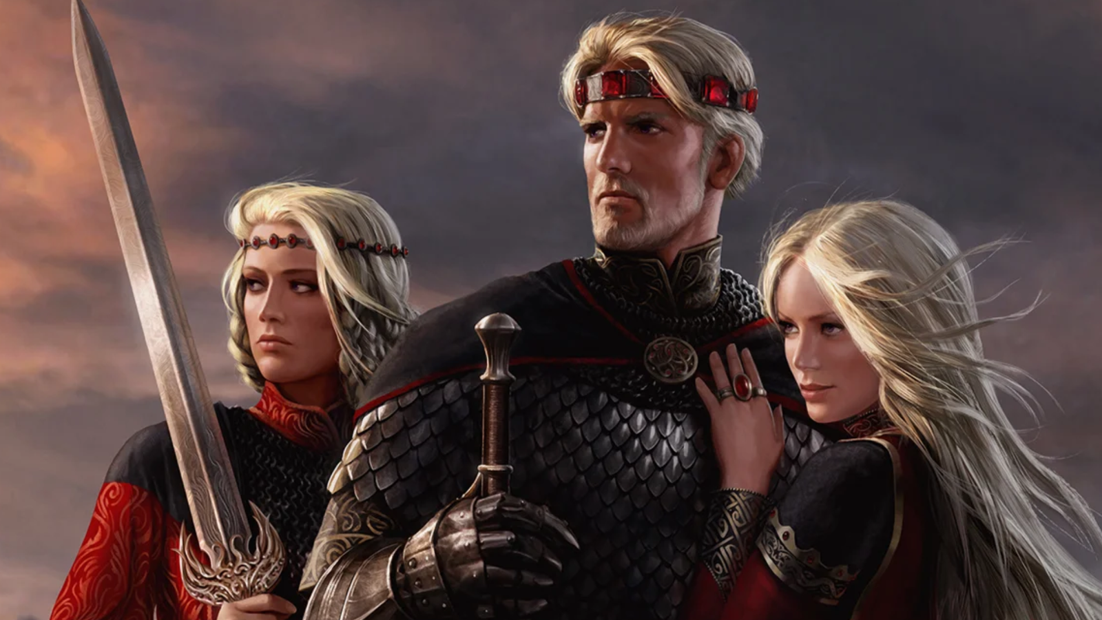 A Song of Ice and Fire characters Visenya, Aegon, and Rhaenys Targaryen looking out into the distance.