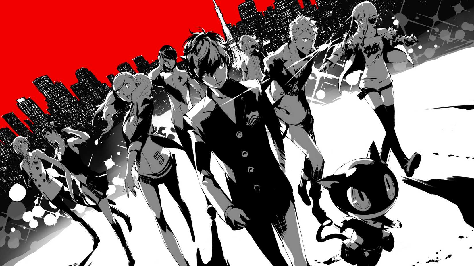 A stylized image of the Phantom Thieves of Hearts from Persona 5 Royal.