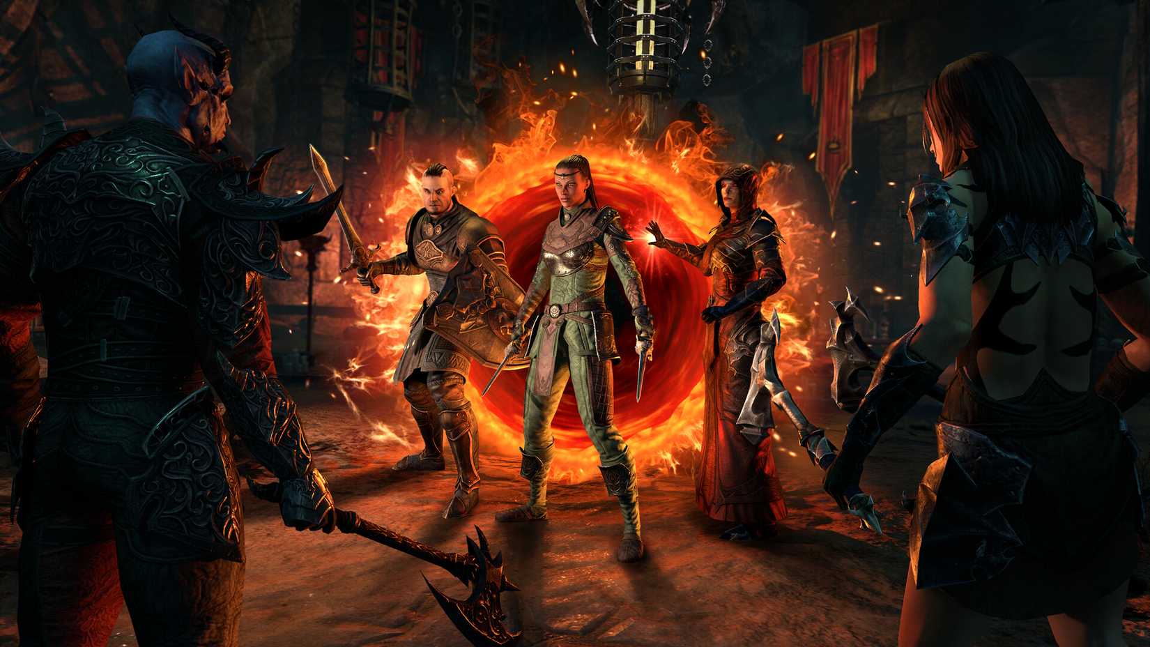 A team of fighters coming through a red portal to face other fighters in Elder Scrolls Online.