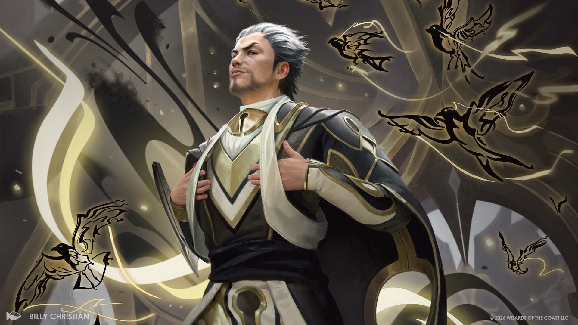 An image of Ral Zarek warning of the Orzhov colors of black, white, and gold from the mystery of Strixhaven.