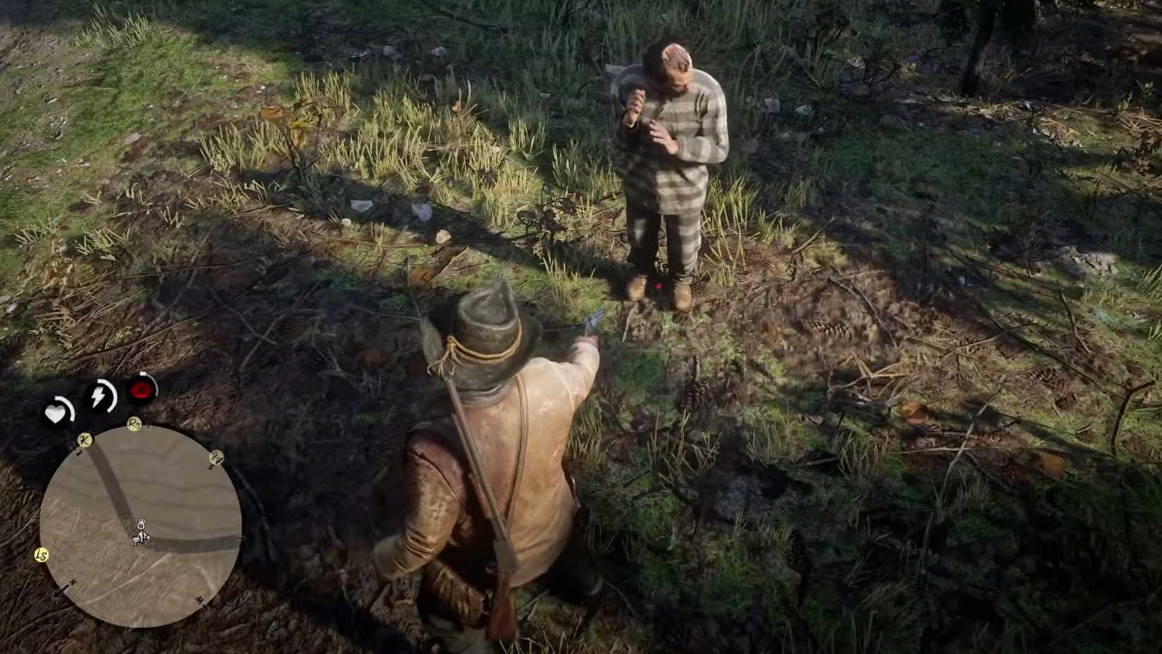Arthur Morgan aiming at chains between prisoner's legs in Red Dead Redemption 2.