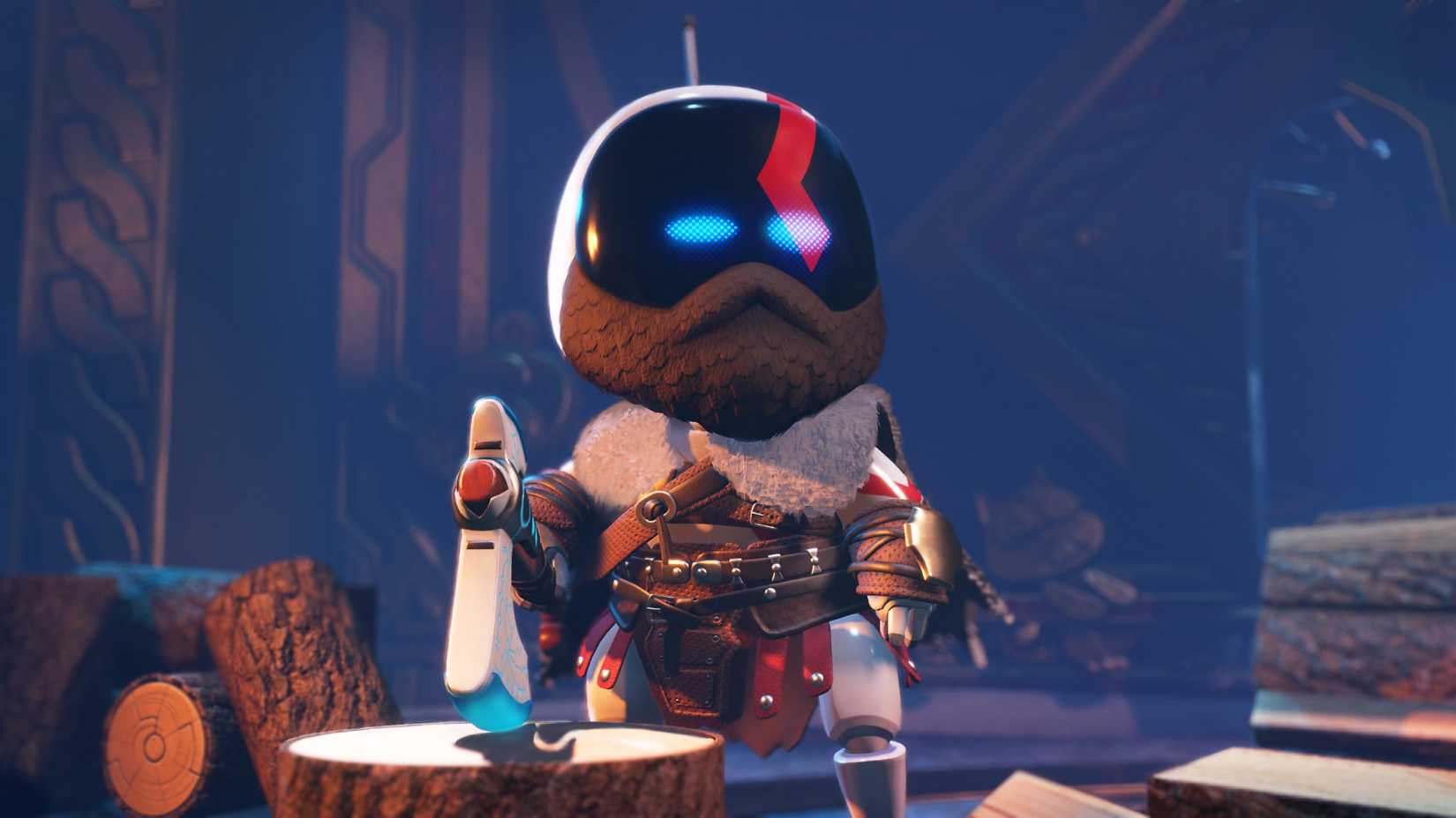 kratos bot in astro bot holding an axe next to a tree stump.