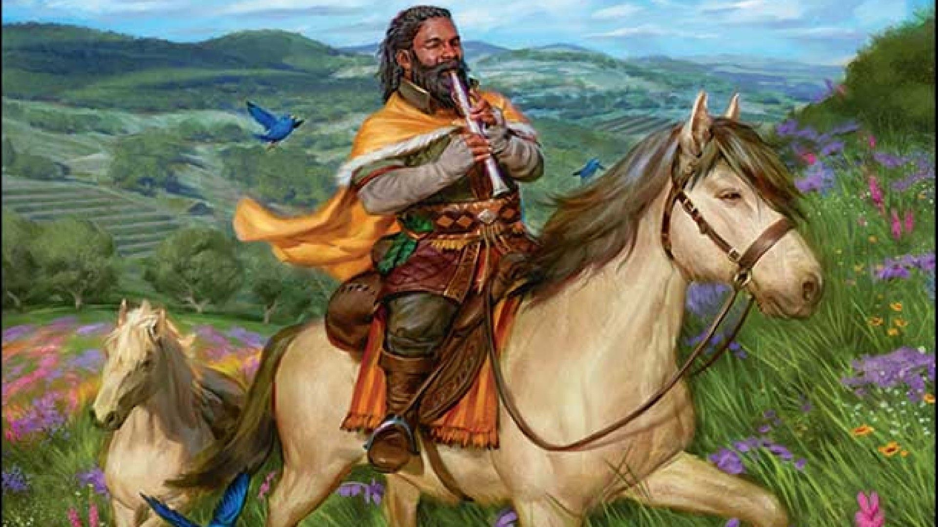 Bifur, Melodic Rider Card Artwork of a dwarf riding a horse.