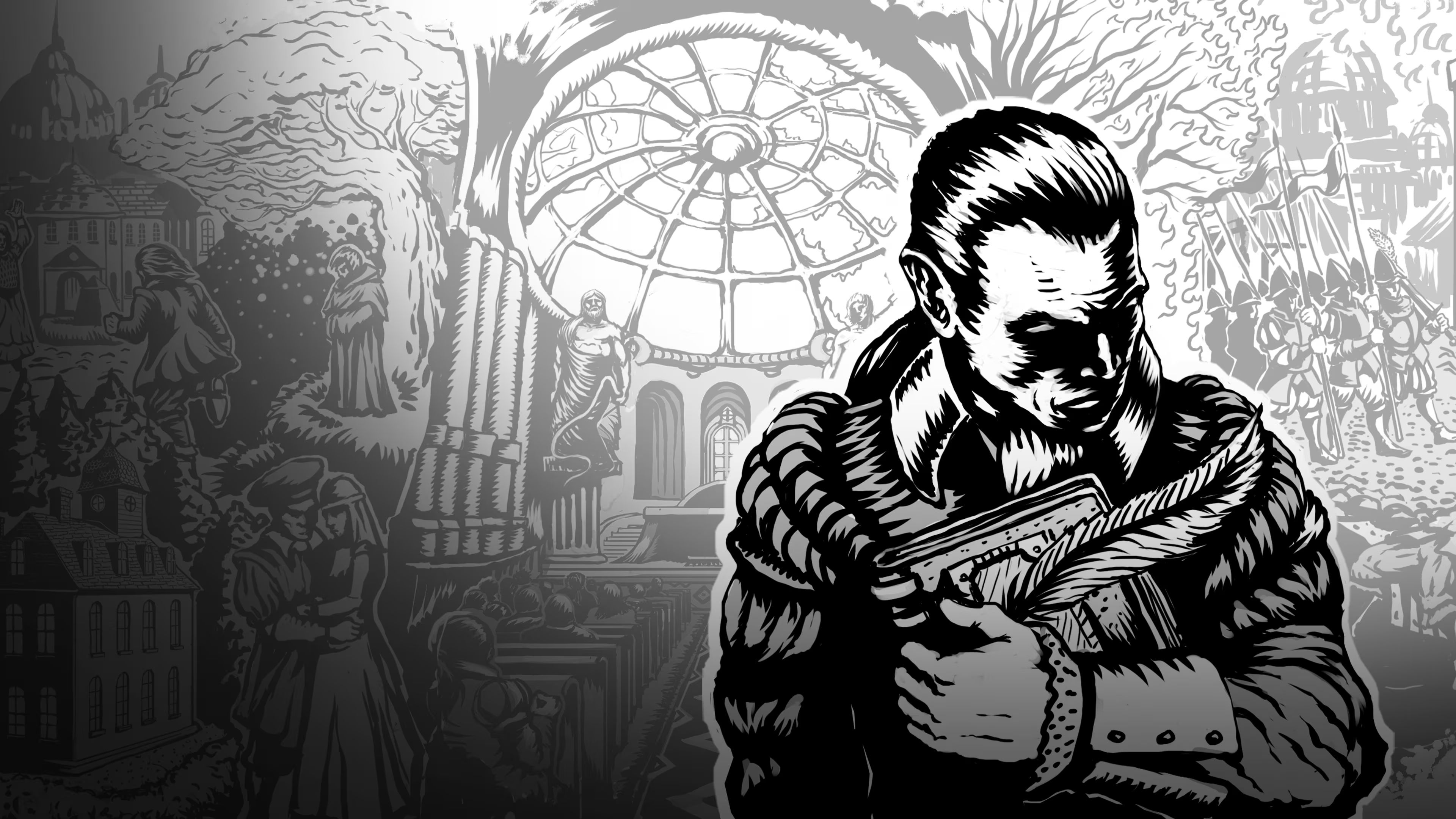 Black and white The Life and Suffering of Sir Brante key art, showing Brante in front of a church.