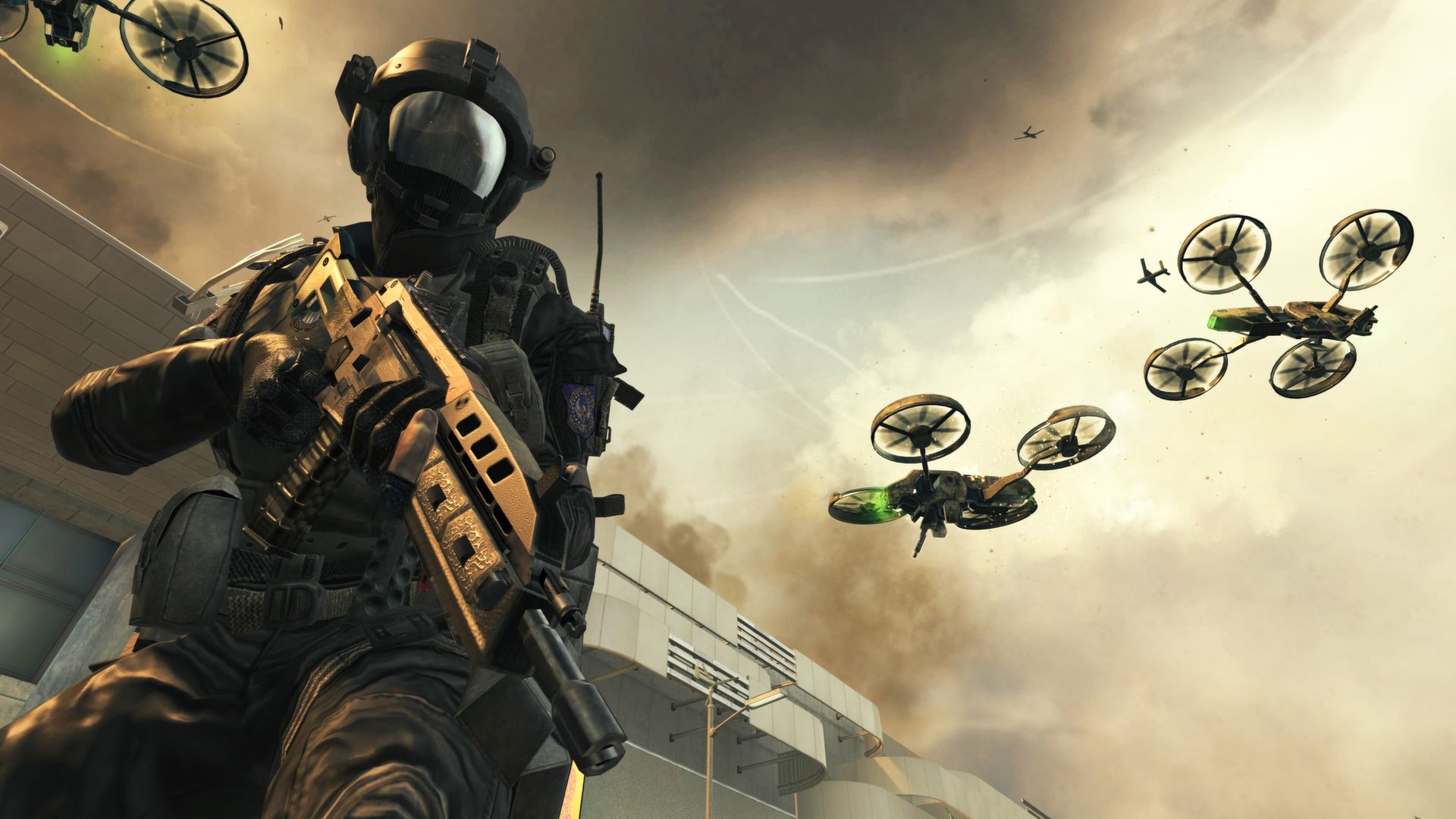 Black Ops 2 player standing next to two drones.