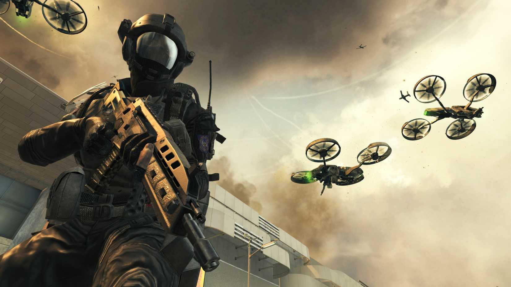 Black Ops 2 player standing next to two drones.