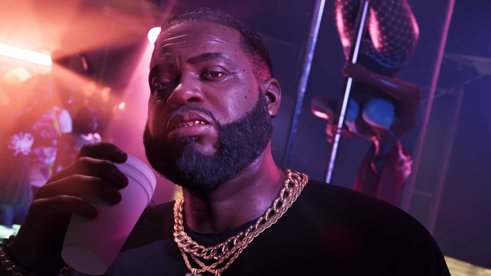 Grand Theft Auto 6 screenshot of Boobie Ike looking towards the camera while holding a cup.
