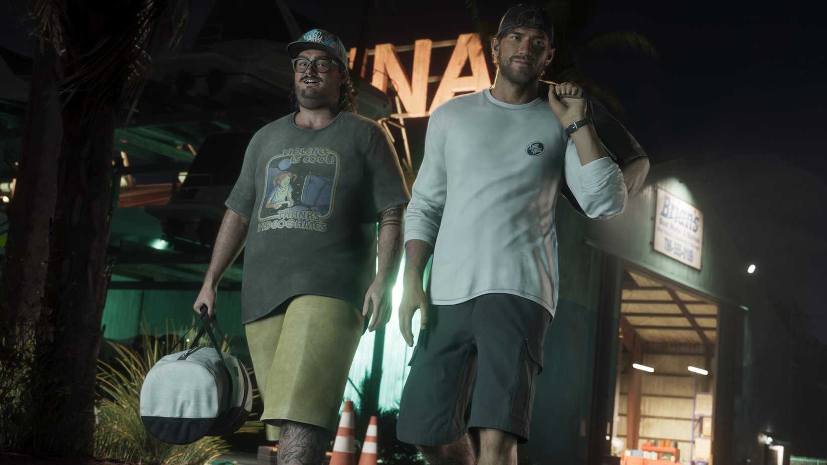 Cal Hampton and Jason are walking side by side with duffel bags in Grand Theft Auto 6.