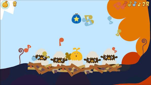 Cartoon birds hatching and singing in LocoRoco Cocoreccho's nest.