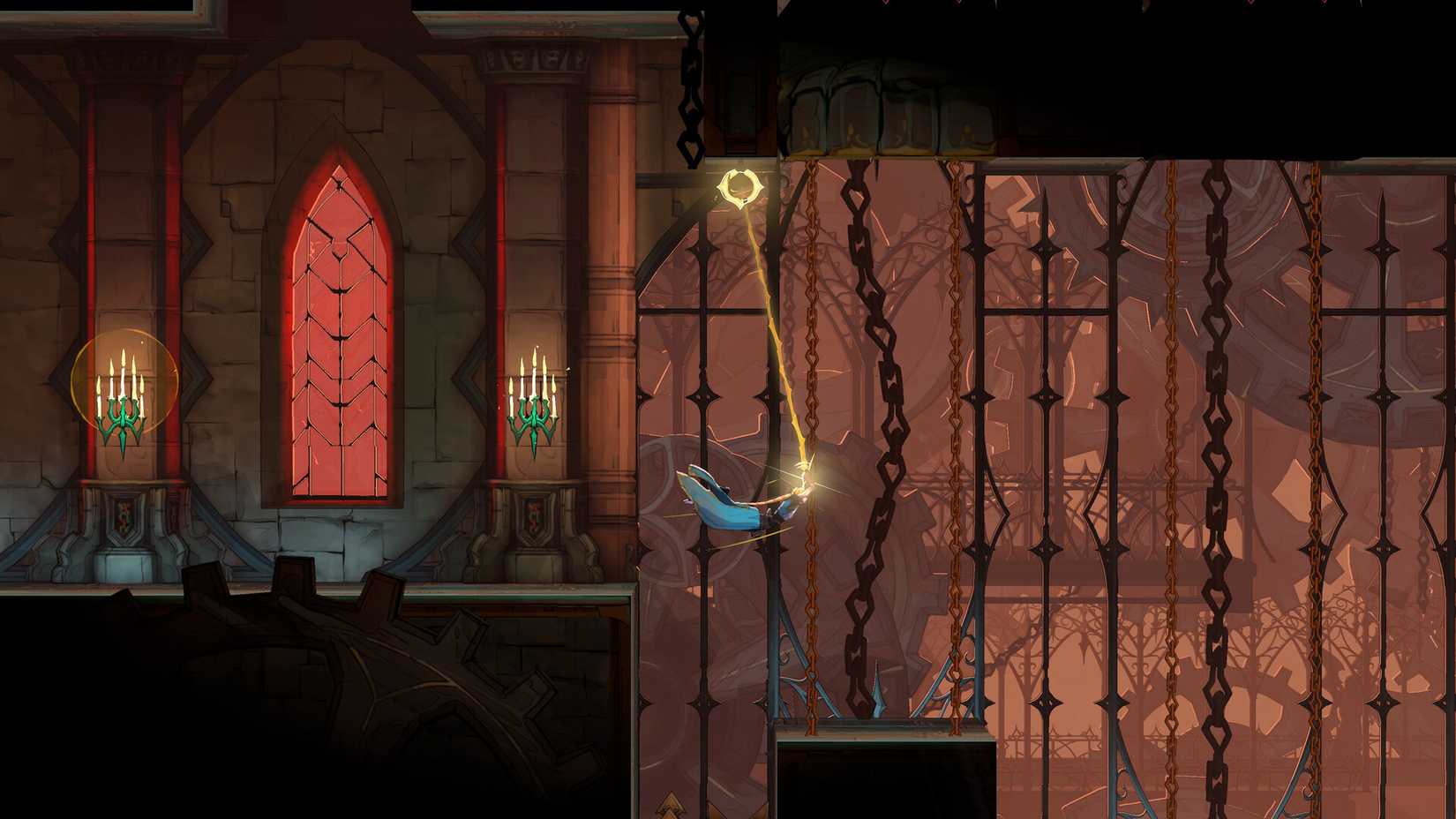 Rose using the Arcana Whip to swing in Castlevania: Belmont's Curse.