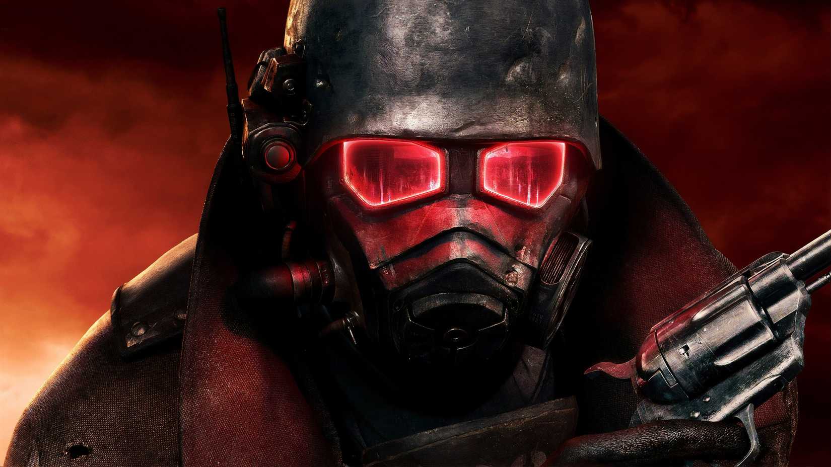 Close-up of an NCR ranger from Fallout New Vegas holding a revolver.