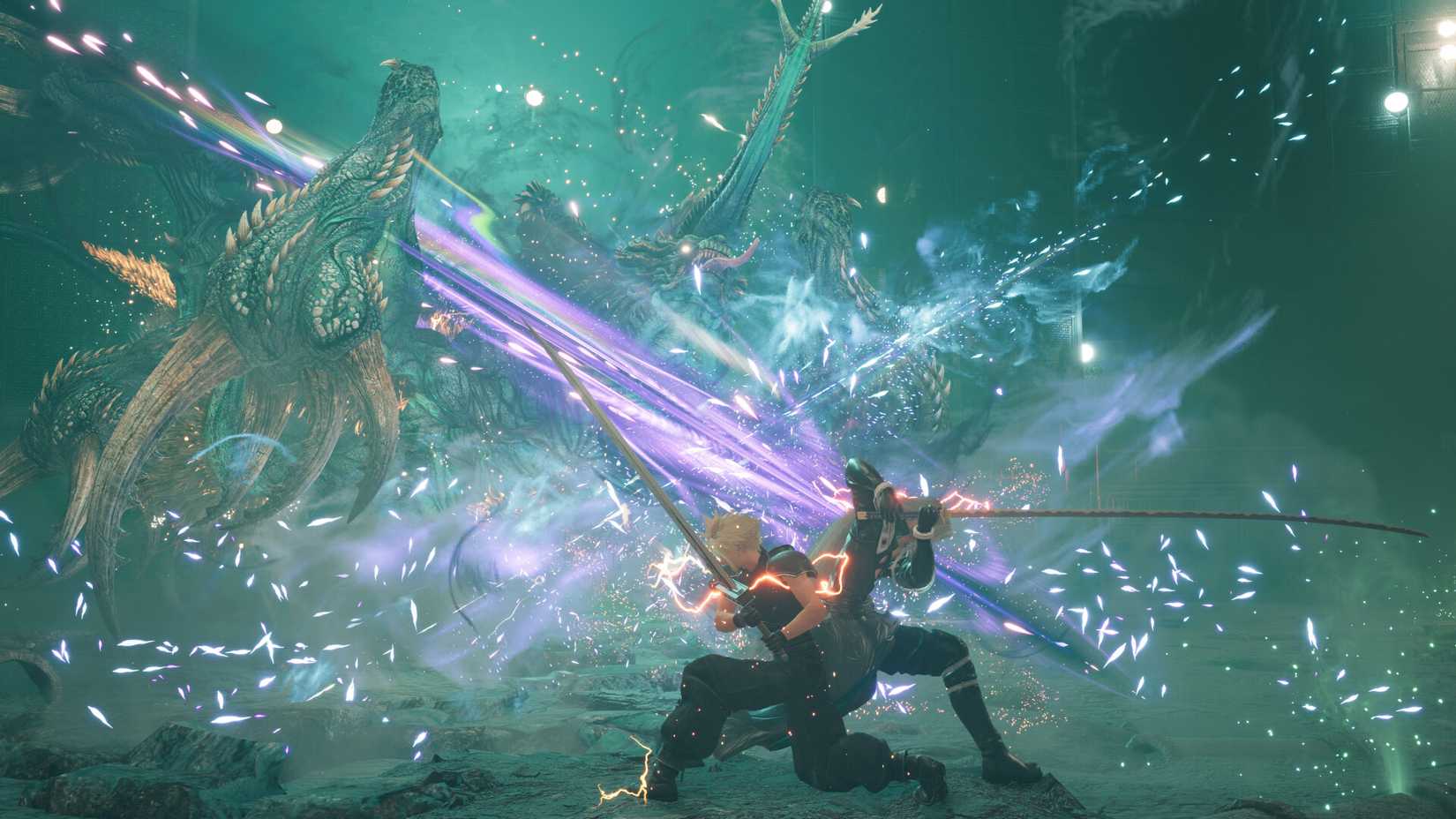 Cloud and Sephiroth attacking a giant monster back-to-back in Final Fantasy 7 Rebirth.