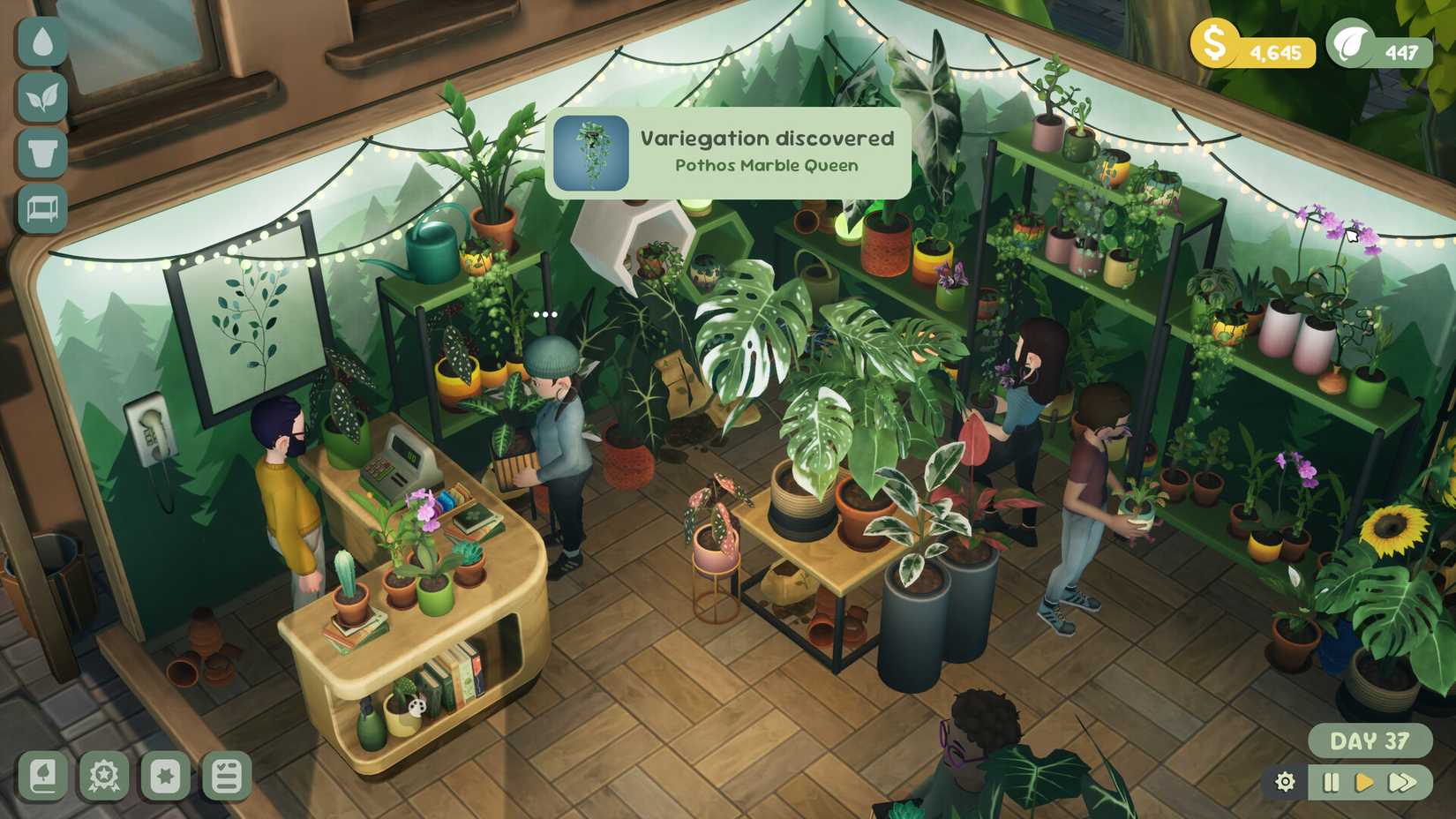Customers shopping at a plant shop in Leafy Corner.
