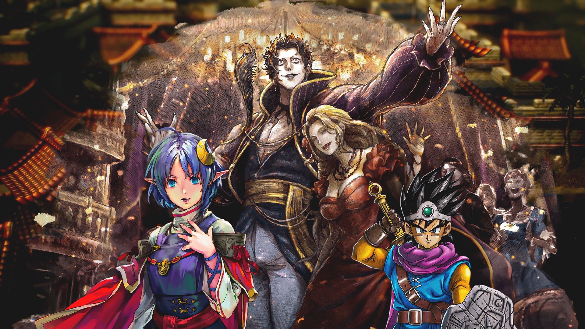 Rena's collage from Star Ocean: The Second Story R, ​​Hero from Dragon Quest III, and Auguste from Octopath Traveler 0.