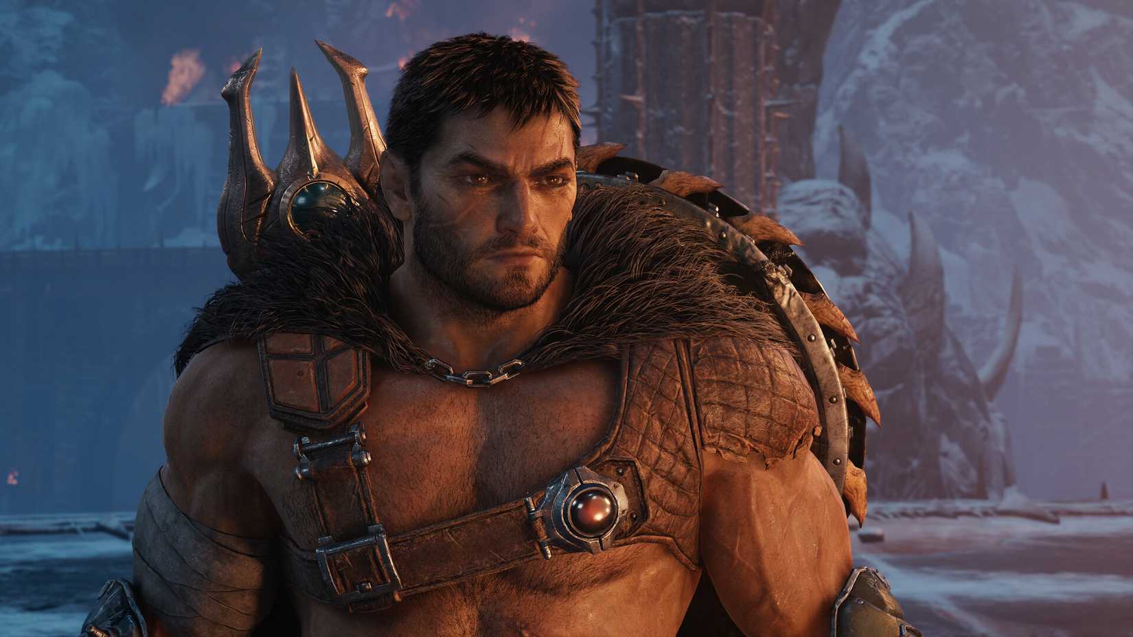 Doom The Dark Ages DLC screenshot showing a mostly shirtless man wearing a fur cape.