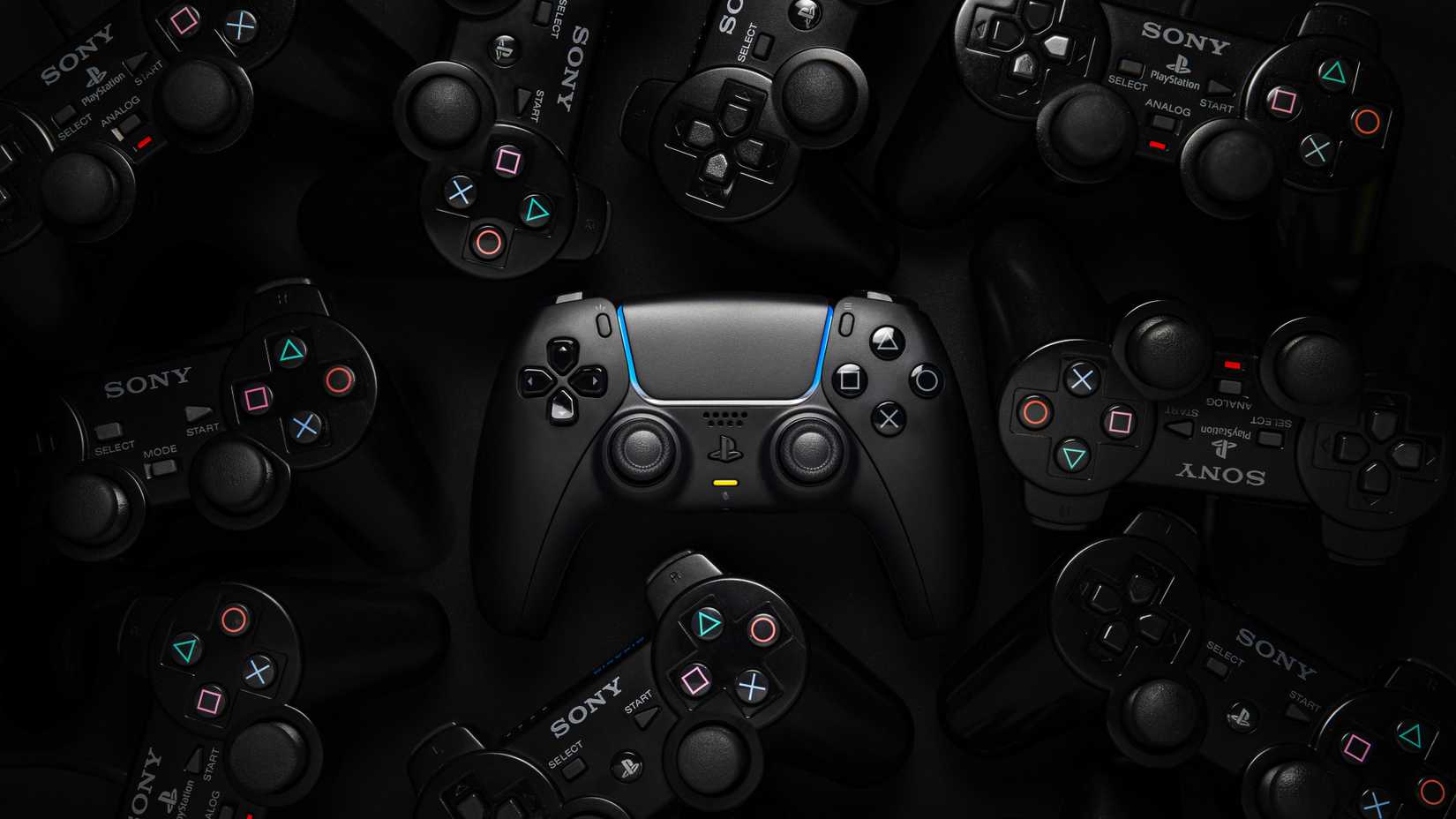 Surrounded by DualSense PS2 controllers.