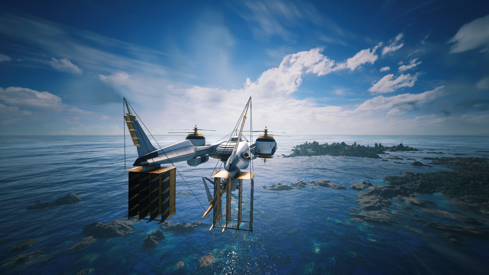 Highwind in Final Fantasy 7 Revelation flying over the ocean with islands in the distance.