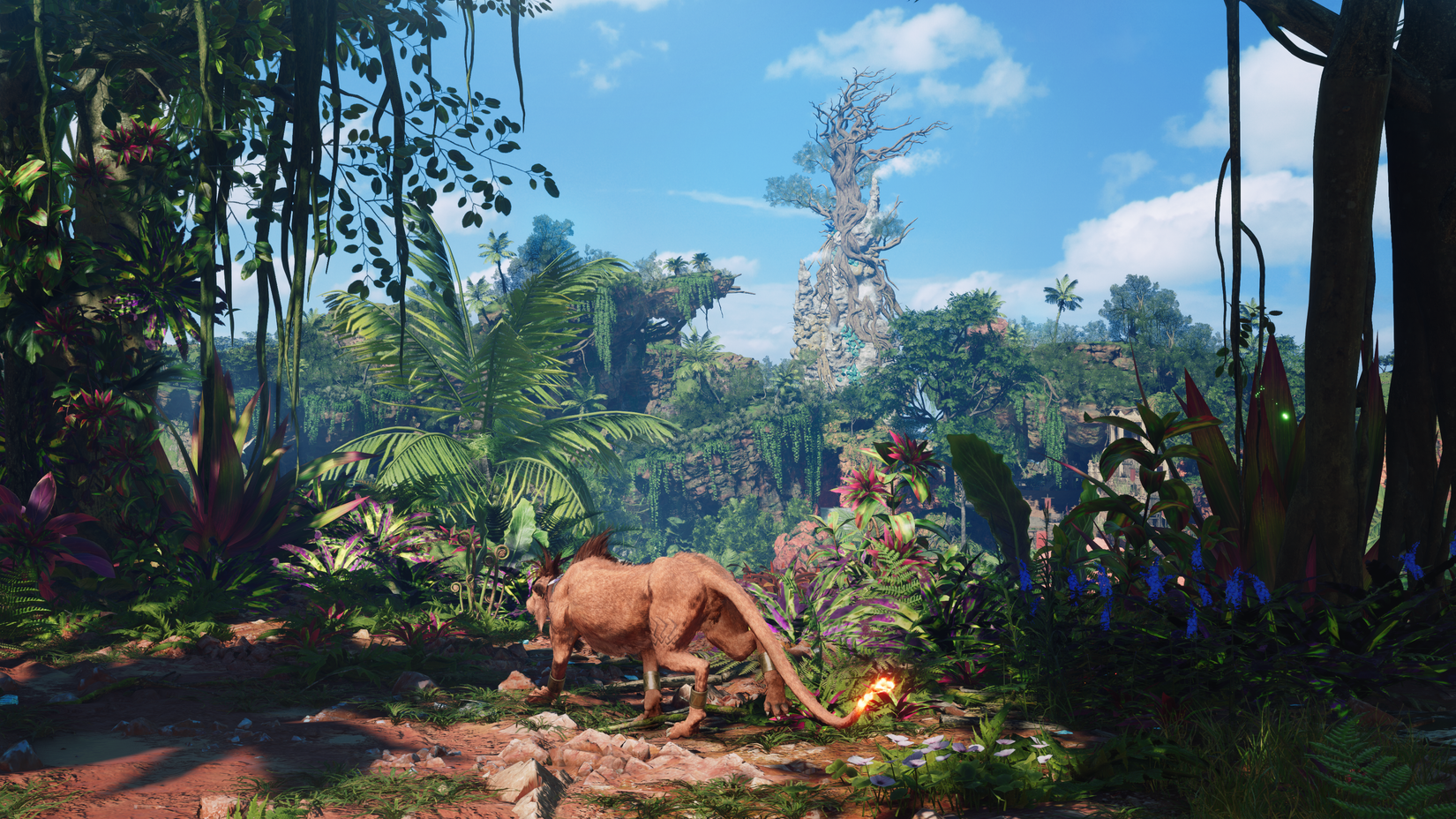 Red walking through the jungle in Final Fantasy 7 Revelation, with a giant dying tree in the distance.