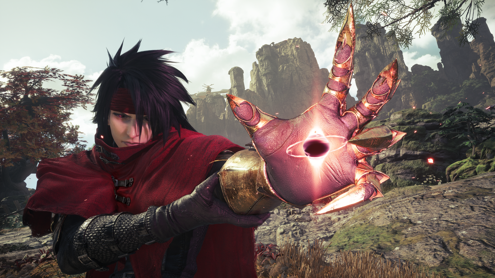 Valentine reaching his hand out, revealing a red orb in his palm in Final Fantasy 7 Revelation.