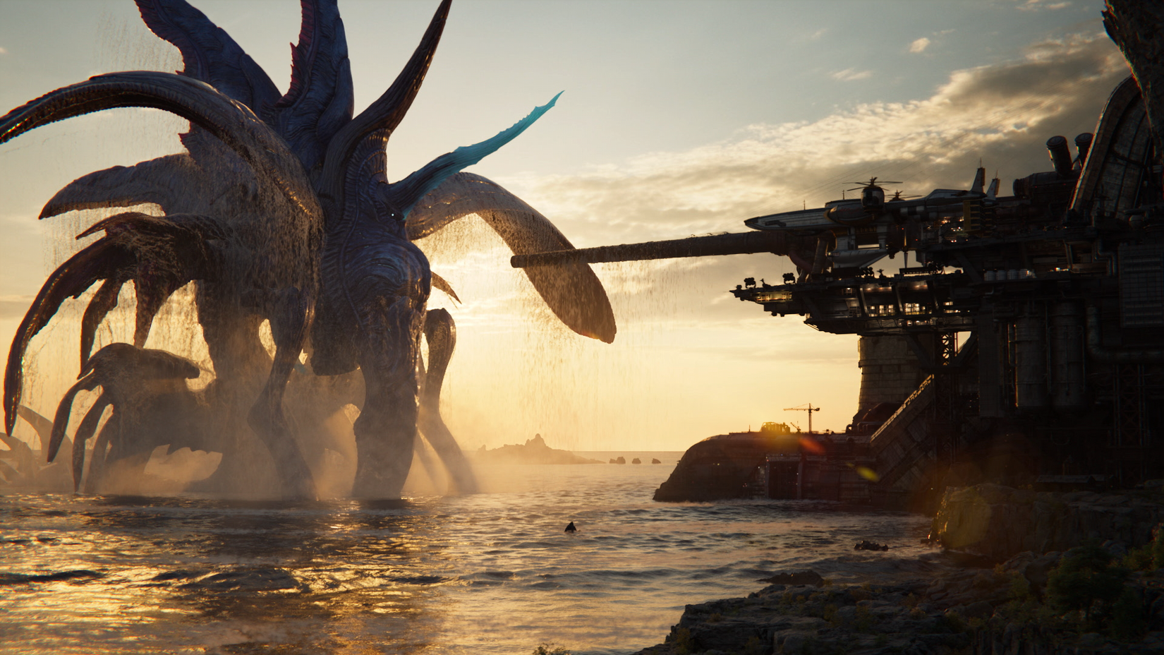 A massive, multi-tentacled Sapphire Weapon rising from the ocean waters next to the Junon military base and its giant cannon under a sunset sky in Final Fantasy 7 Revelation.