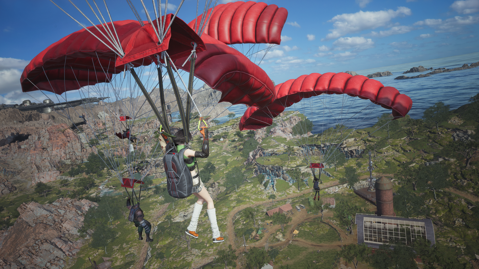 Yuffie, Barret, and other Final Fantasy 7 Revelation characters parachuting down to Midgard.