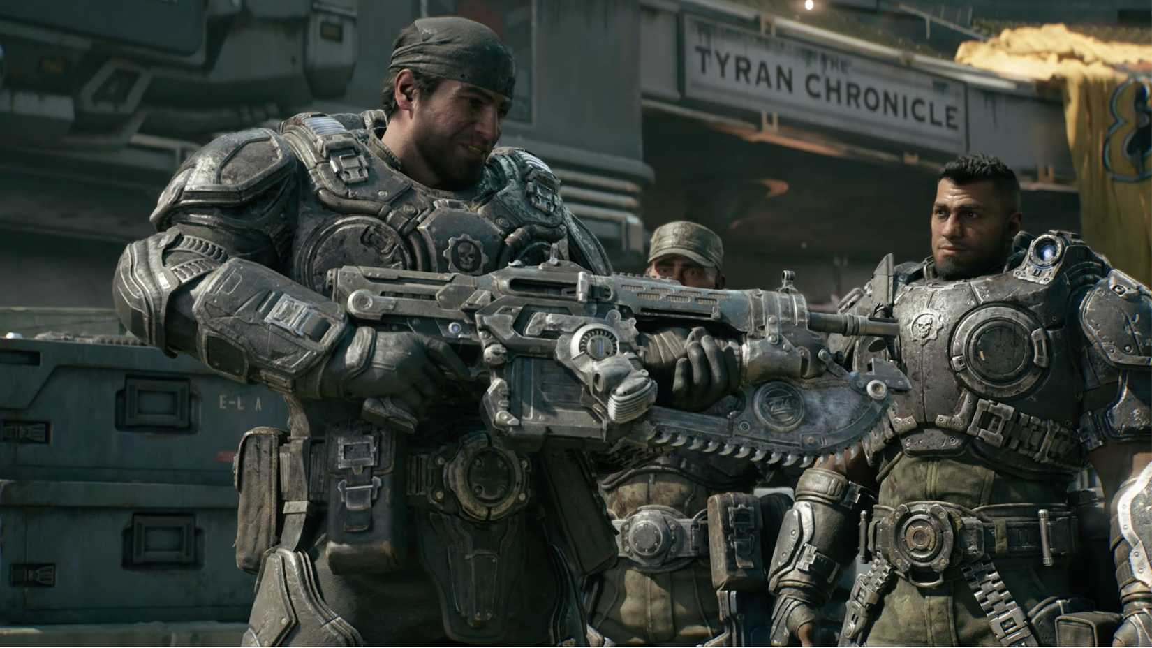 Marcus holding the Lancer in Gears of War: E-Day.