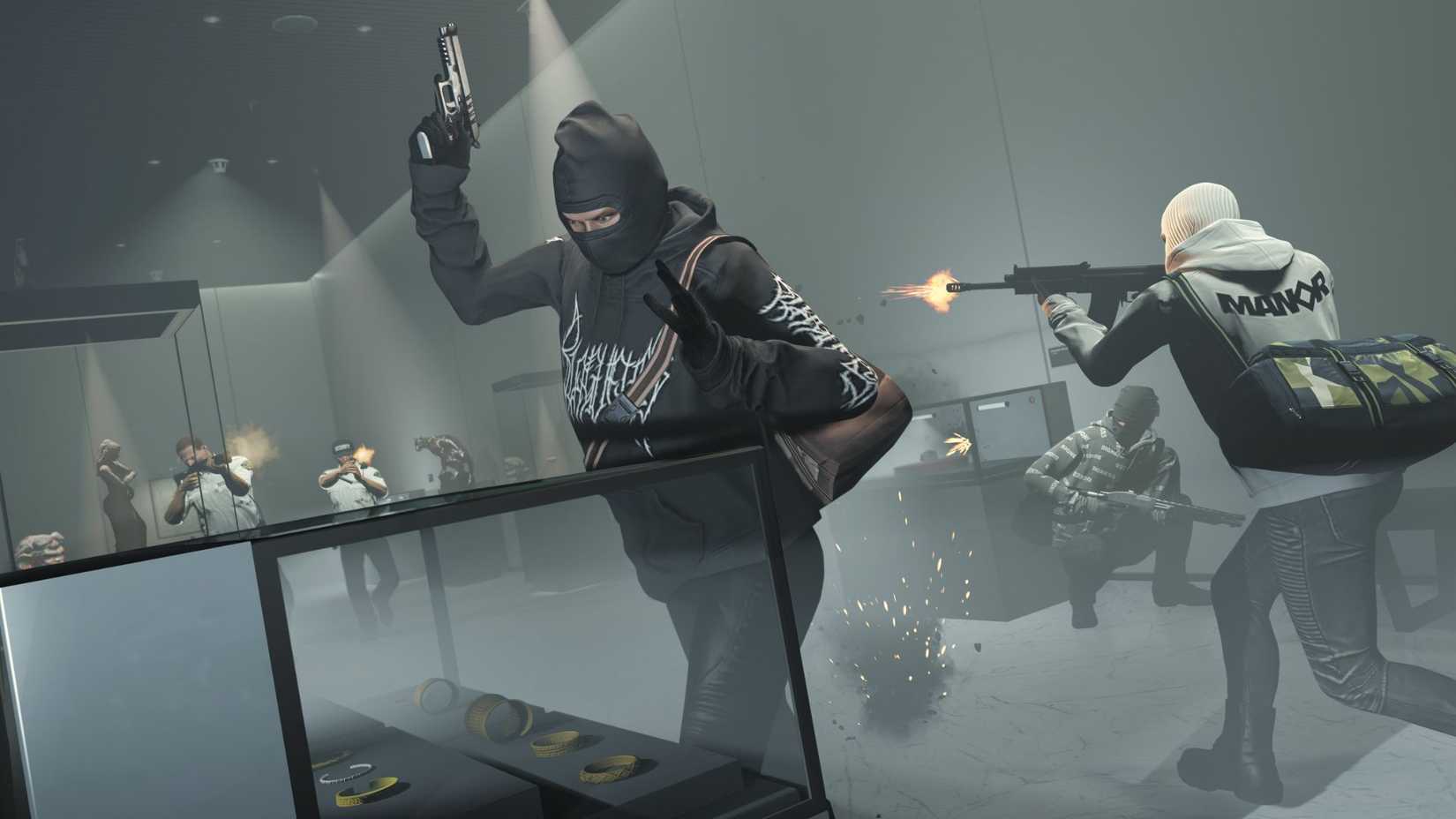 GTA Online players fighting the police during a robbery in the Kortz Center Heist.