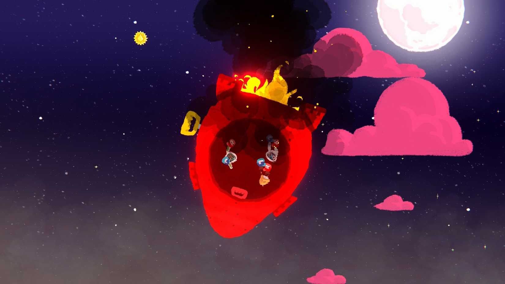 lift 2 characters inside a burning rocket.
