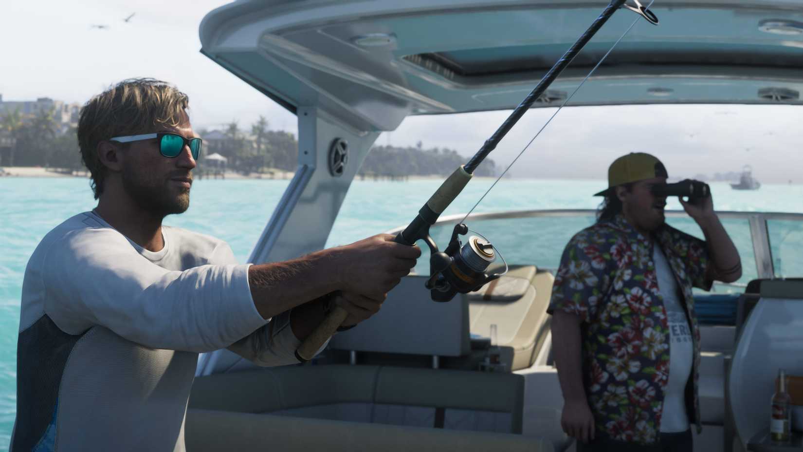 Jason Duval fishing on a boat in Grand Theft Auto 6, while his friend looks out with binoculars.