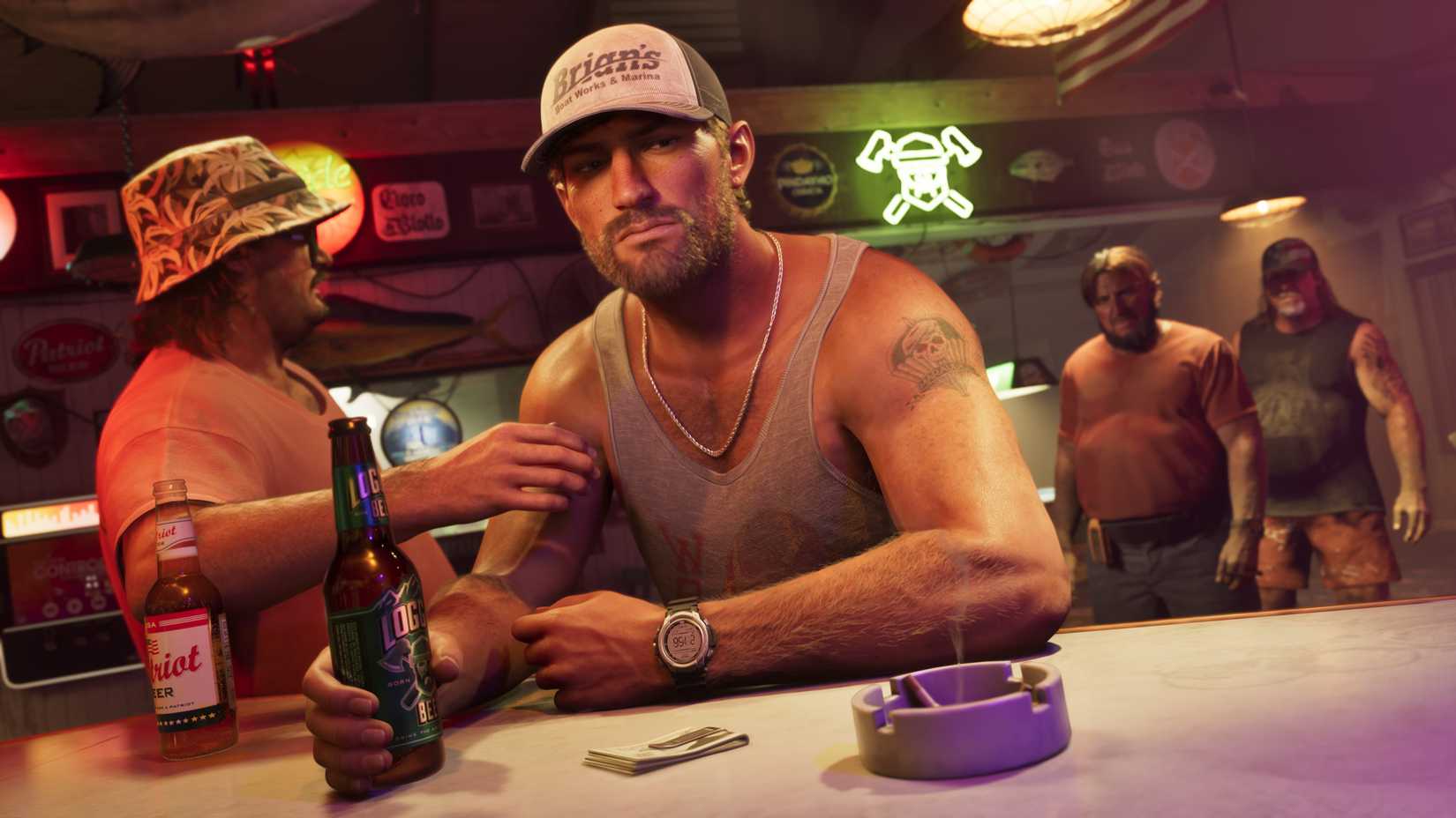 Jason Duval holding a beer at the bar in Grand Theft Auto 6, while his friend places his hand on his arm.