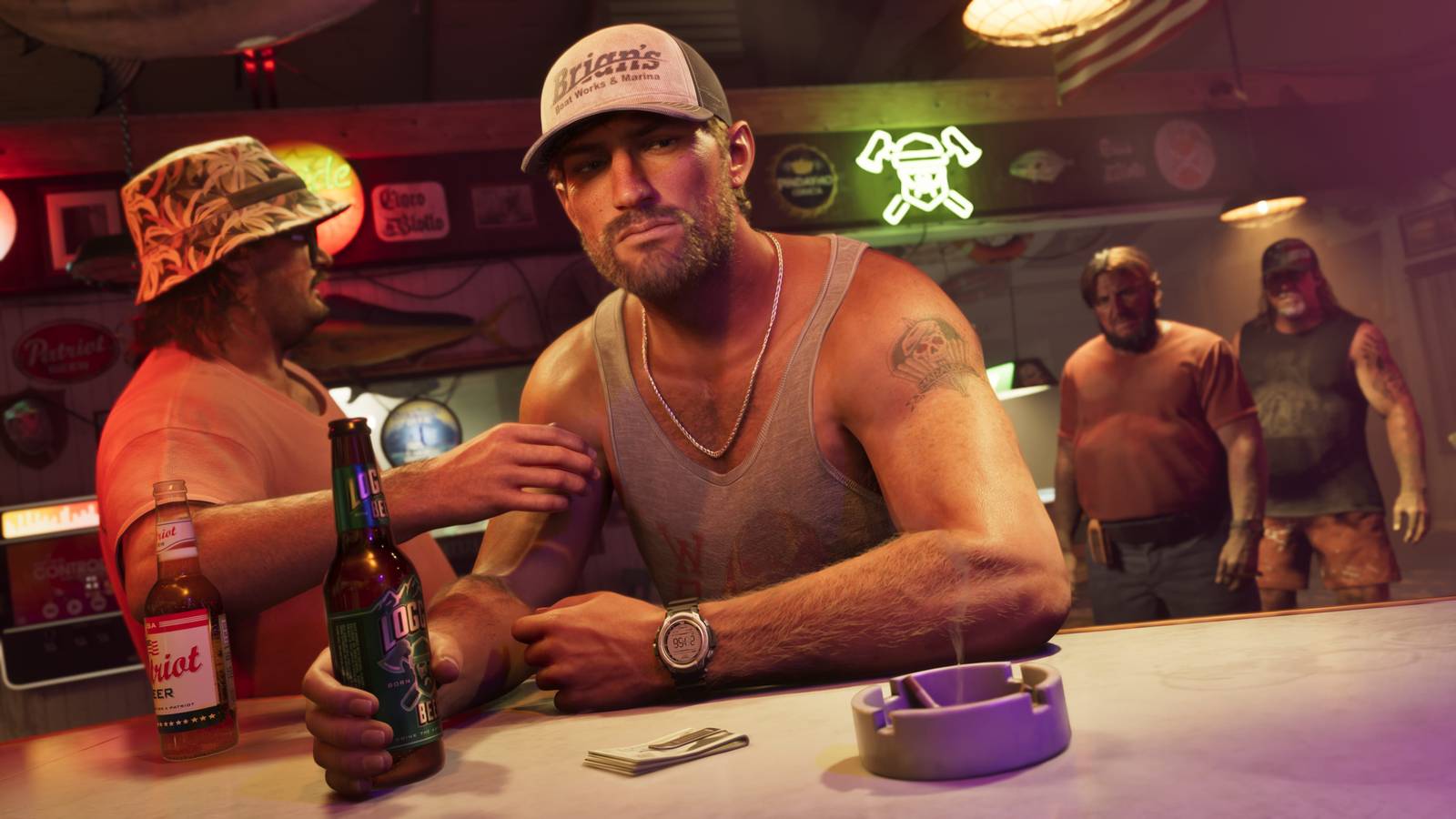Jason Duval holding a beer at the bar in Grand Theft Auto 6, while his friend places his hand on his arm.