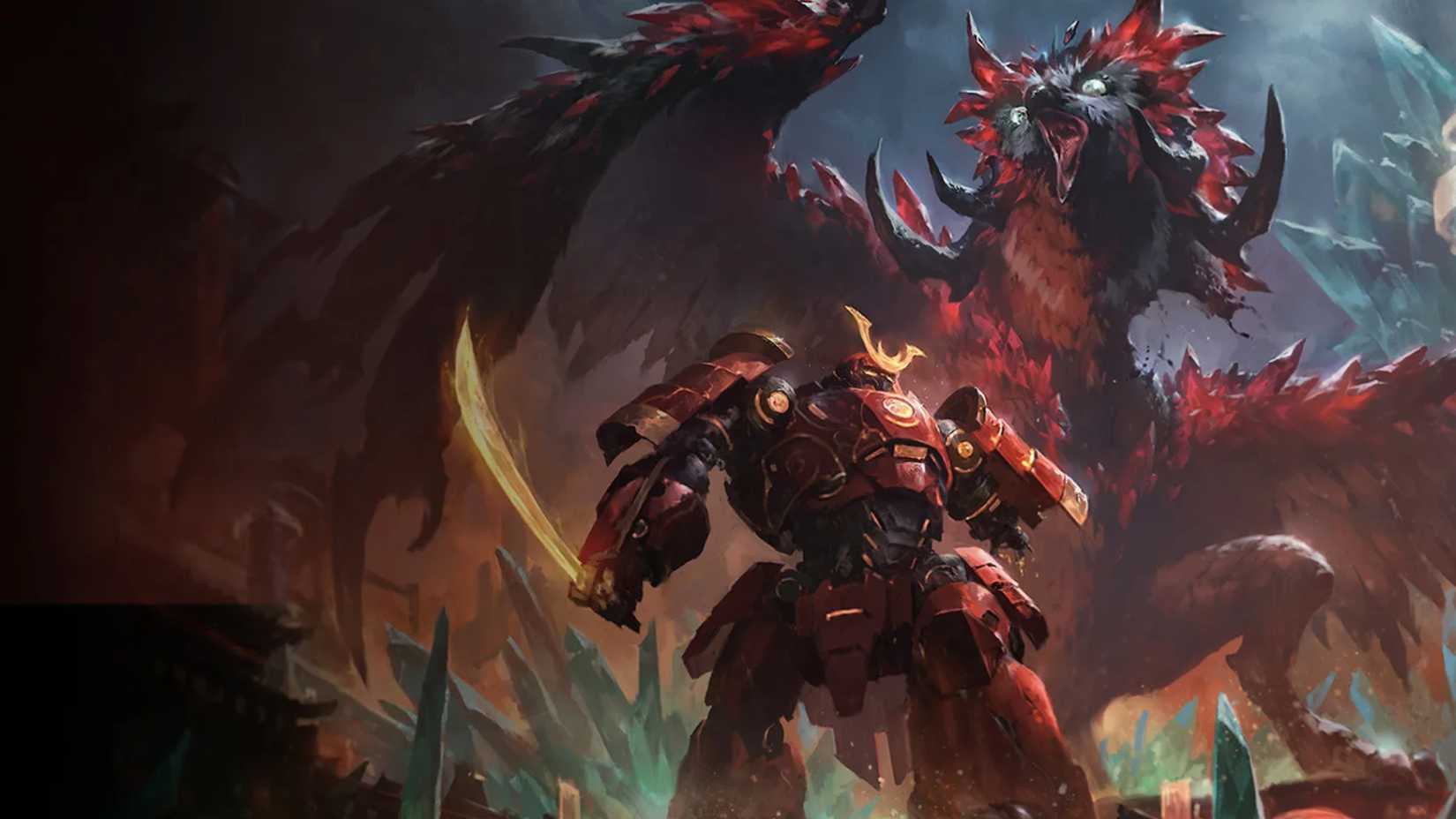 Art from Magic: The Gathering's upcoming set Kamigawa: Titanbreach depicting a gundam with a sword and a massive bird creature behind her.