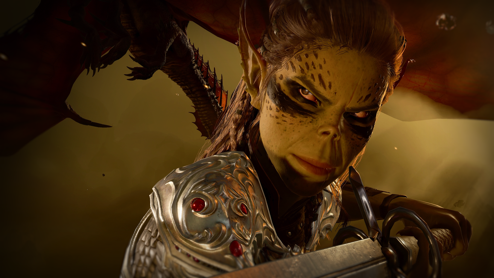 Lae'zel holding her sword ready in Baldur's Gate 3, with a red dragon flying in the background.