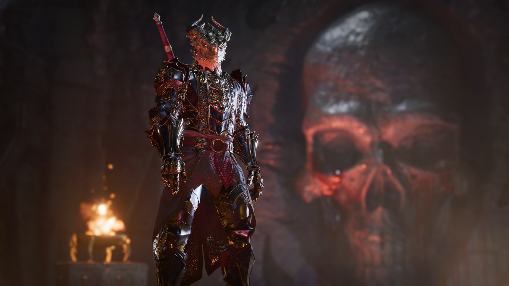 The Dark Urge standing in an underground temple in front of a giant skull in Baldur's Gate 3.