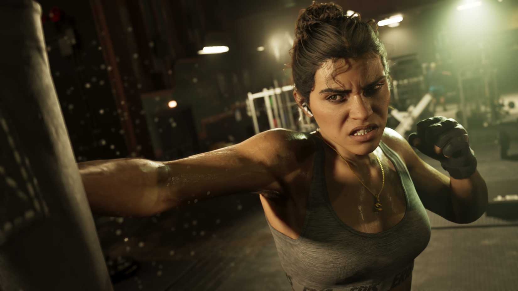 Lucia Caminos using a punching bag in Grand Theft Auto 6.