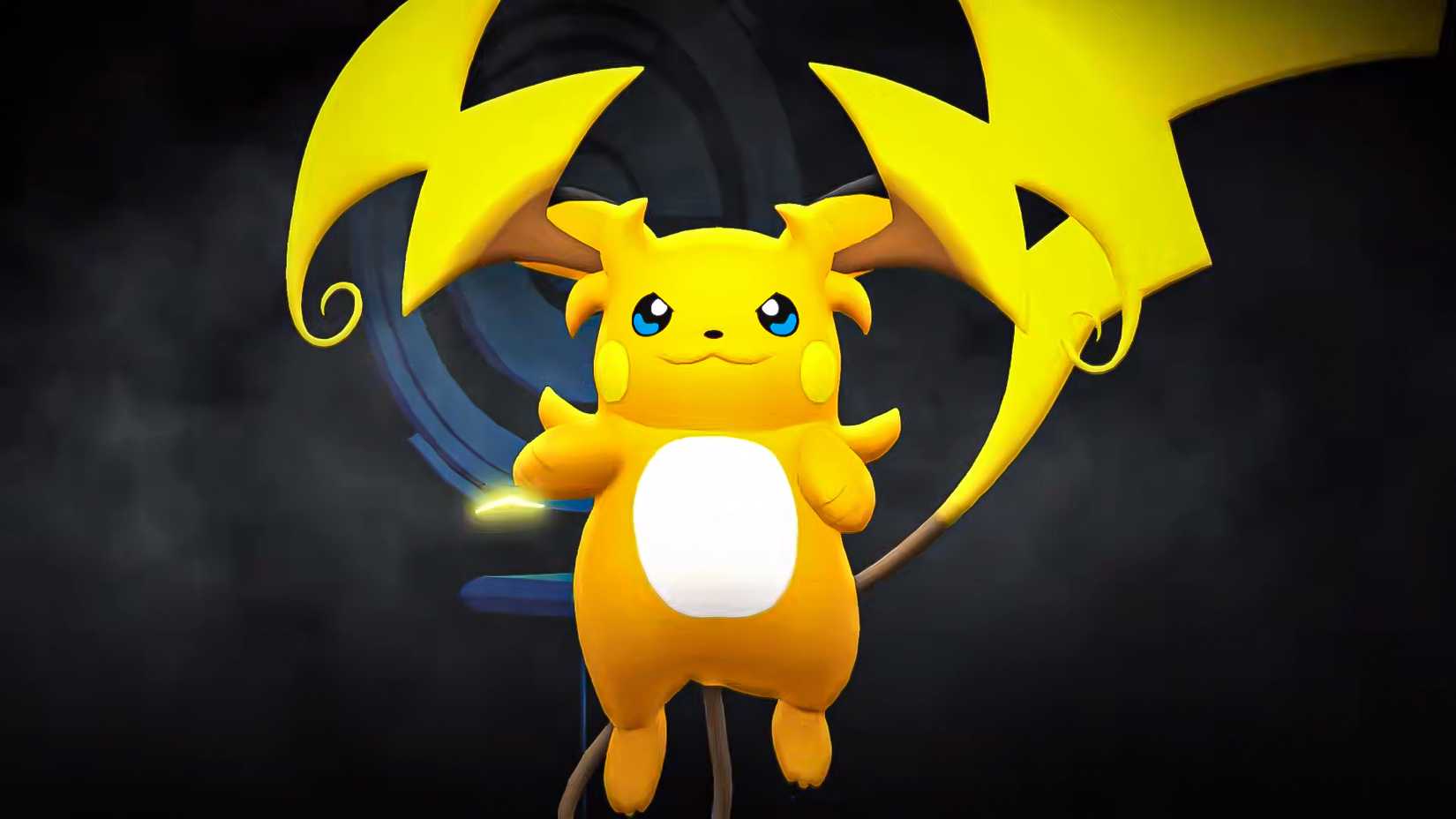 Mega Raichu y standing in front of a Pokemon GO Pokestop.