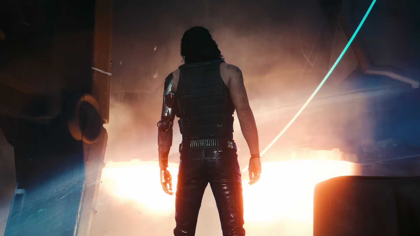 Johnny Silverhand's back to the camera in Cyberpunk 2077.
