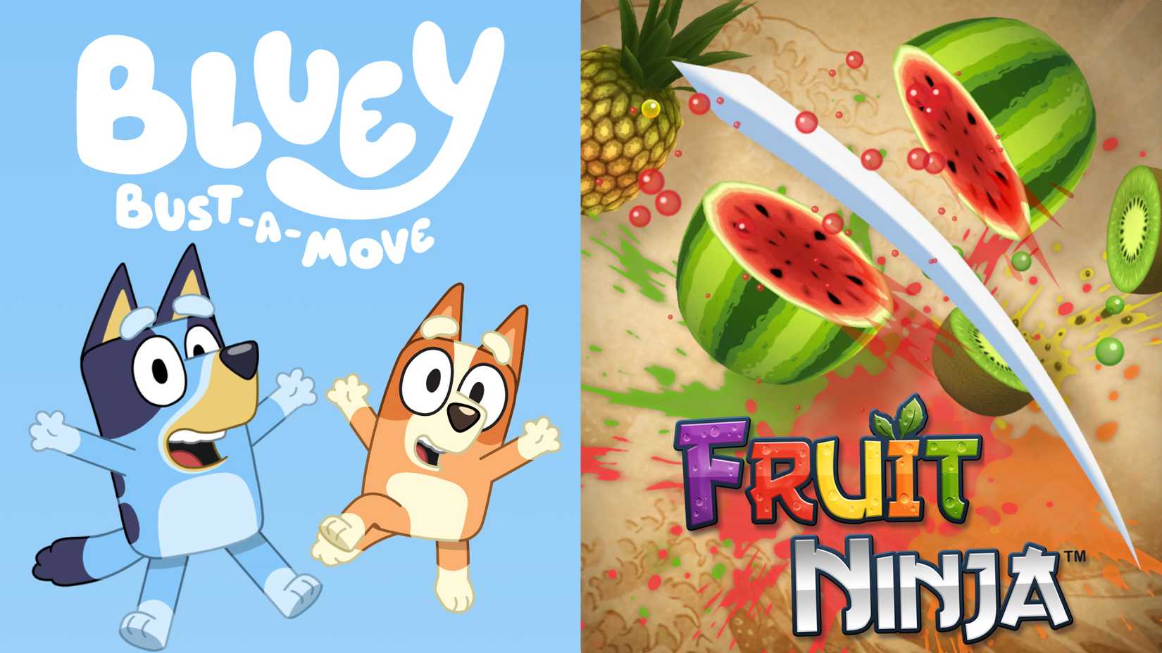 Bluey bust move and fruit ninja nex playground cover art.