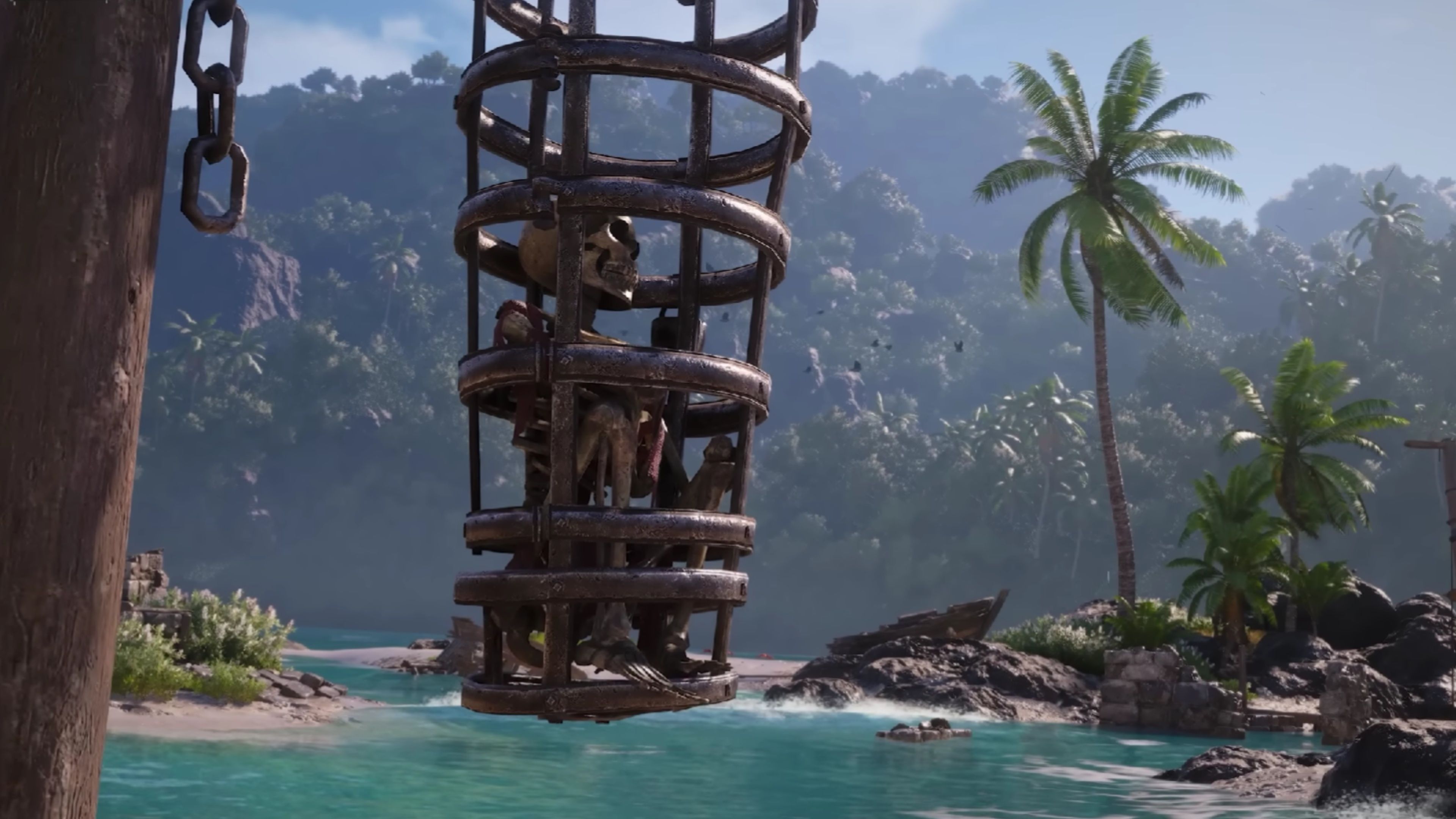 skeleton sitting in a cage hanging over the sea in assassins creed black flag resynced.